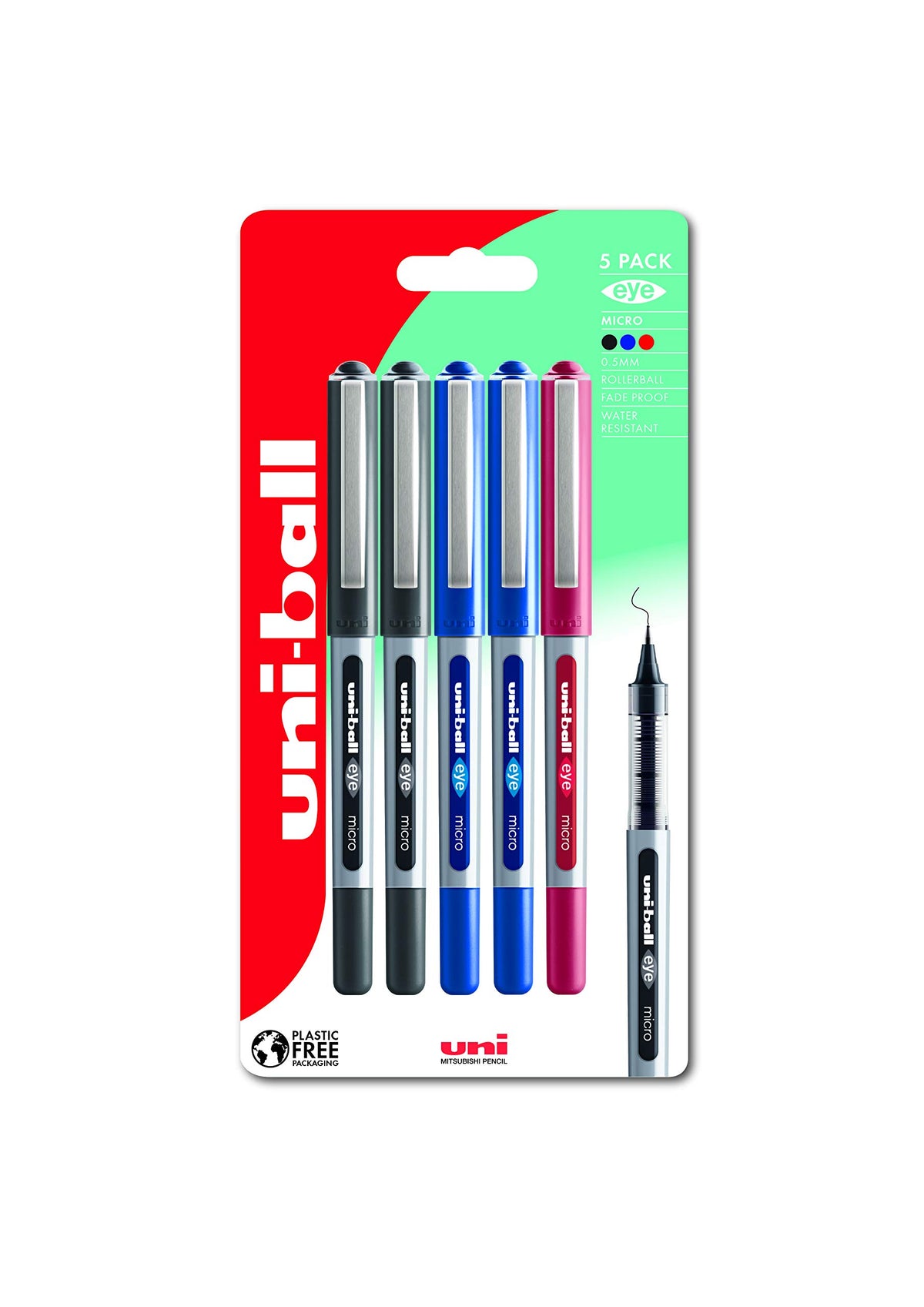 Uni-Ball UB-150 Eye Rollerball Pens. Premium Micro 0.5mm Ballpoint Tip for Super Smooth Handwriting, Drawing, Art, and Colouring. Fade and Water Resistant Liquid Uni Super Ink. Pack of 5 Assorted