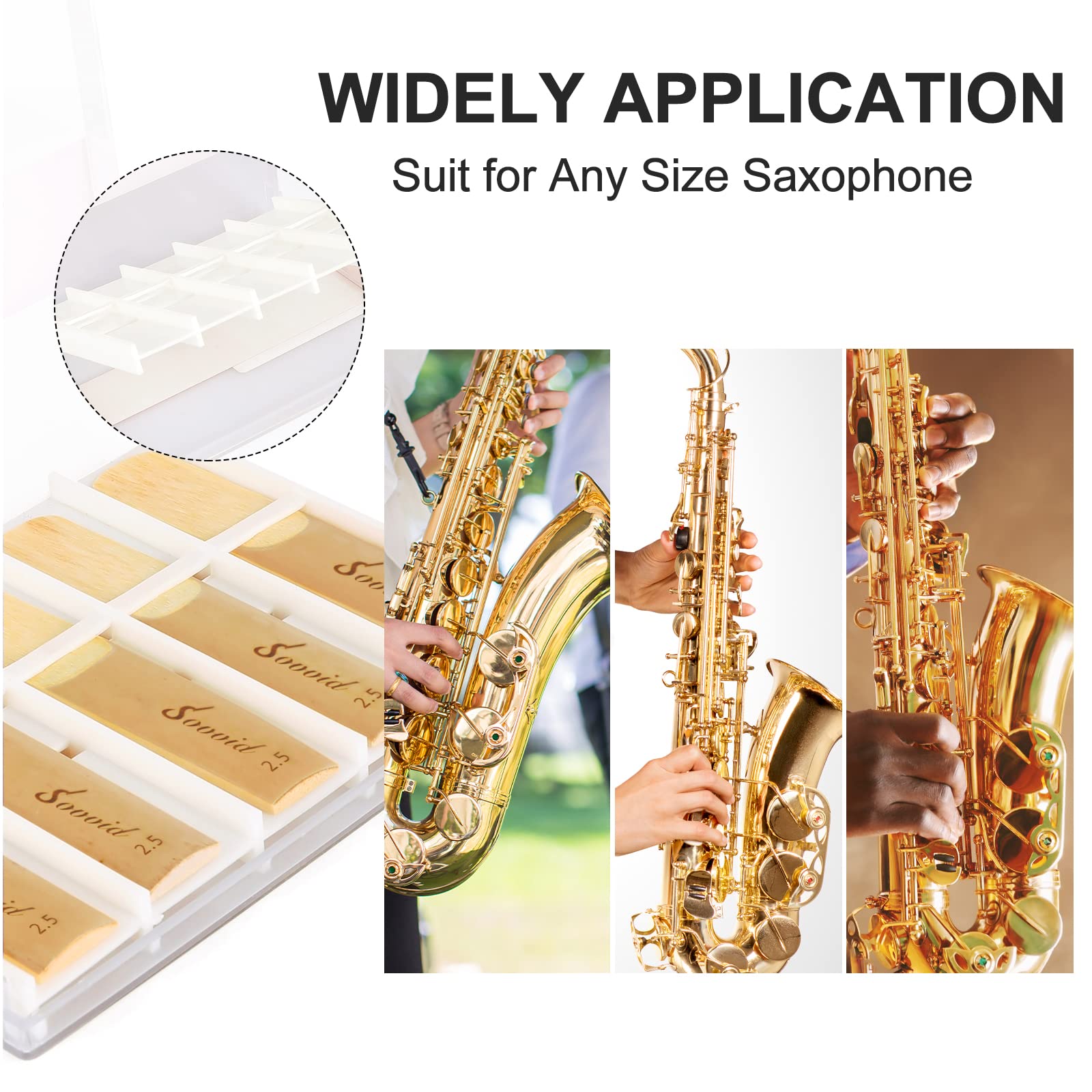 Sovvid 10 Pack Professional Alto Saxophone Reeds with Plastic Box, Strength 2.0 Alto Sax Reeds, Laser Engraved Marking & Thinner Reed Tip for Easy of Play, Traditional Reeds for Saxophone Alto