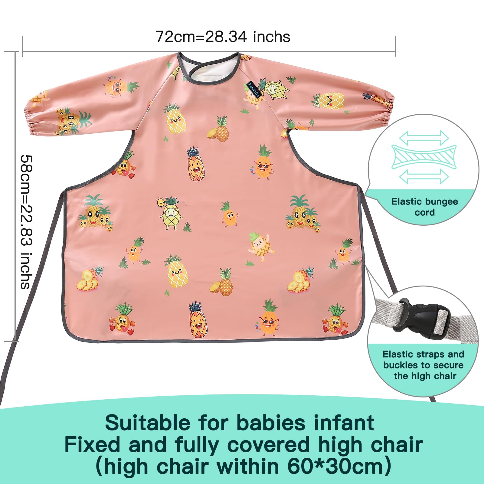 PewinGo Weaning Bib Attaches and Fully Cover to Baby Highchair, Long Sleeves Bib with Waterproof, Machine Washable & Comfortable,Easy to Clean, Suitable for BLW 6 Month to 3 Years Old-Pink