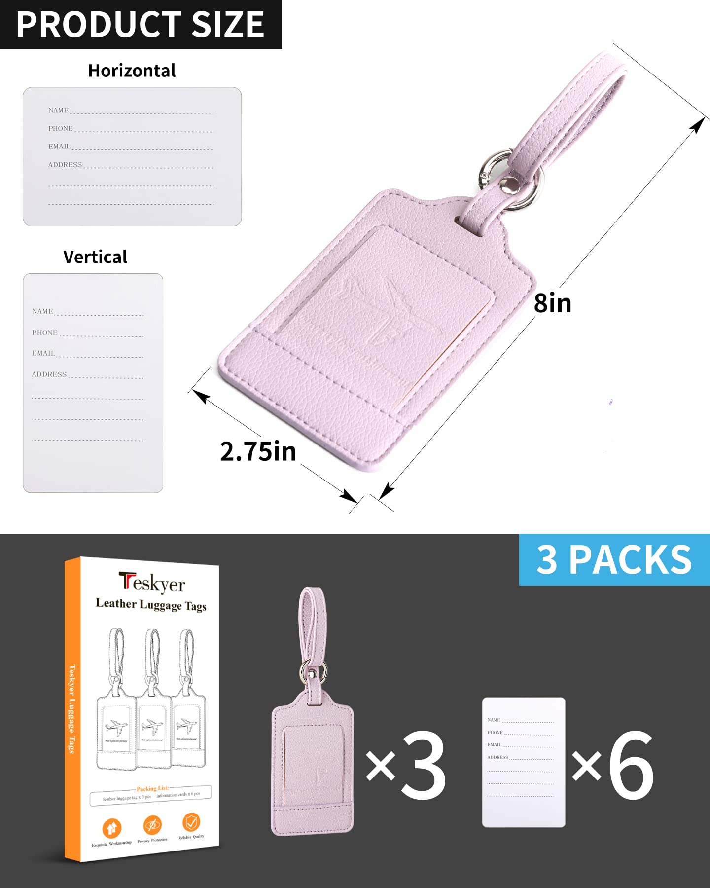 Teskyer 3 Pack Luggage Tags for Suitcases, Luggage Labels, Microfiber Leather, Strong, Durable, Noticeable, Travel Tags for Luggage, Travel Accessories, Light Purple