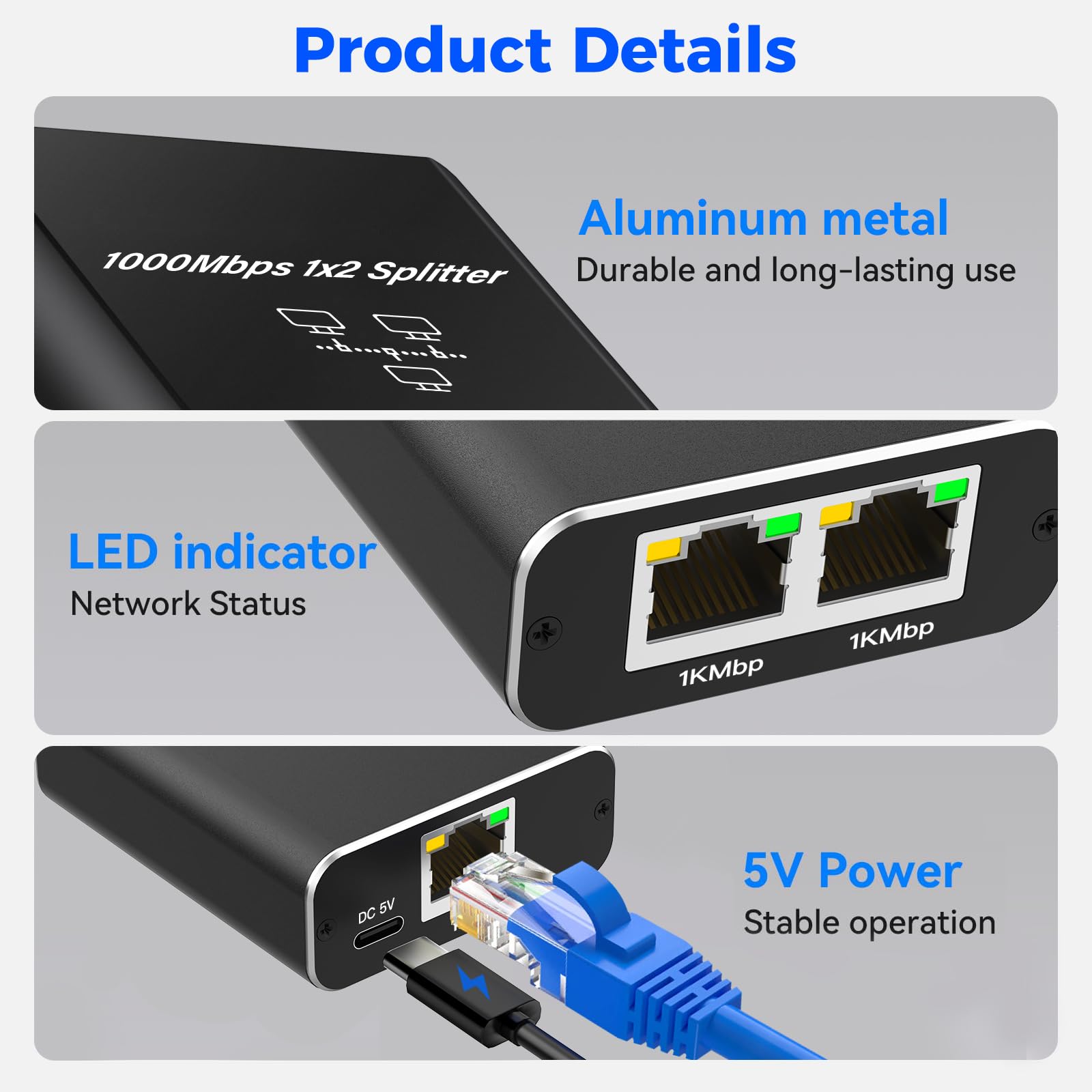 Ethernet Splitter 1 to 2, Gigabit Ethernet Switch, 1000Mbps RJ45 LAN Internet Splitter with USB-C Power Cable for Computer, Hub, Switch, Router, ADSL, Digital TV, etc Working Simultaneously