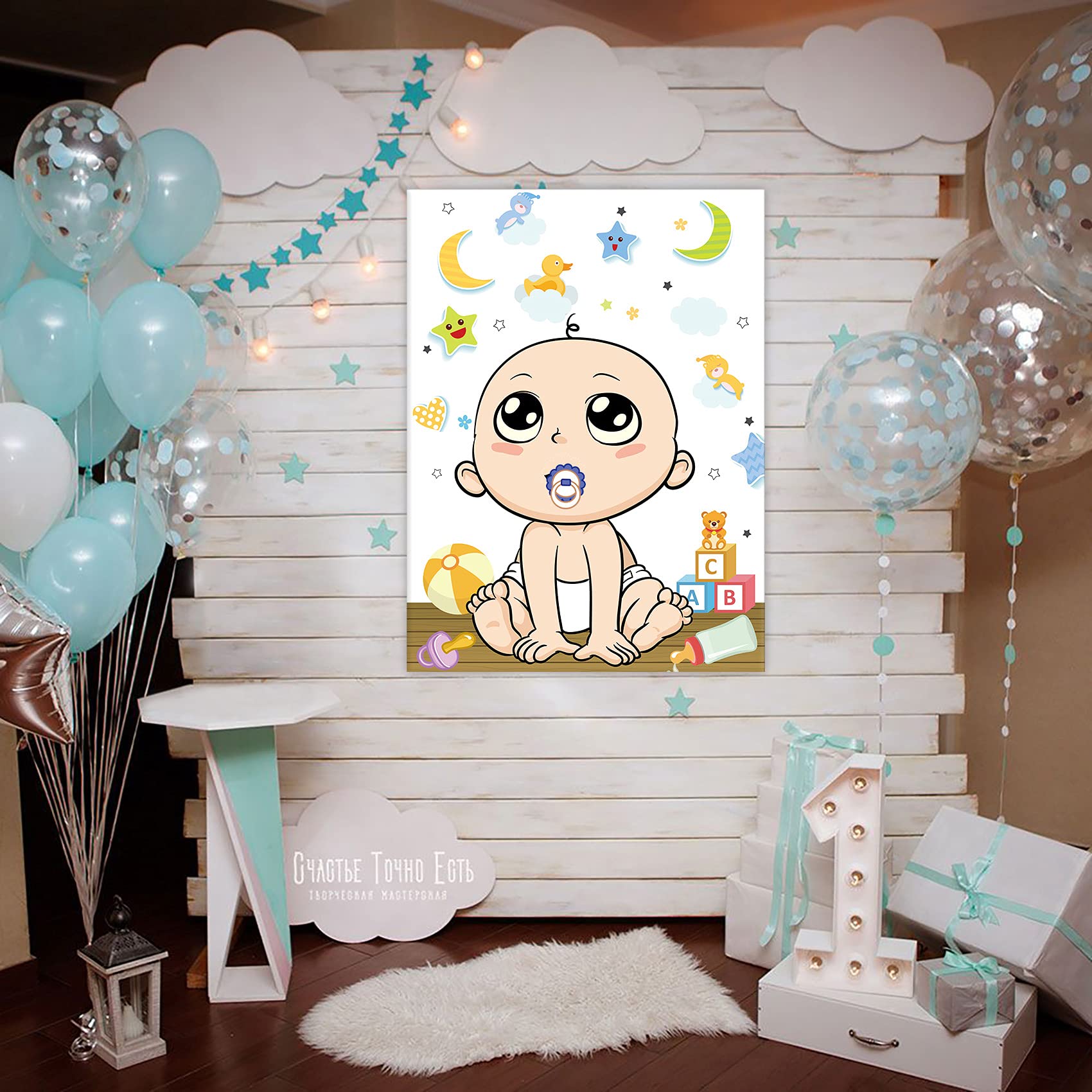 Funnlot Baby Shower Games Pin the Dummy on the Baby with 24 Stickers, Blindfold Unisex Pin the Dummy on Baby for 24 Players Pin the Pacifier on the Baby Larger Size Baby Shower Boy Games