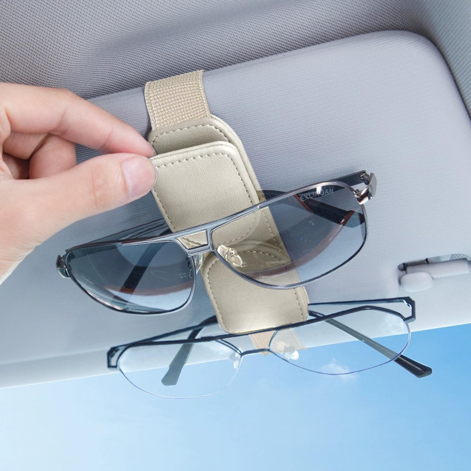 BILIONE Magnetic Leather Sunglass Holder,Car Glasses Clip for two glasses, Eyeglass Hanger Clip for Car Sun Visor, Suitable for Different Size Eyeglasses (Beige)