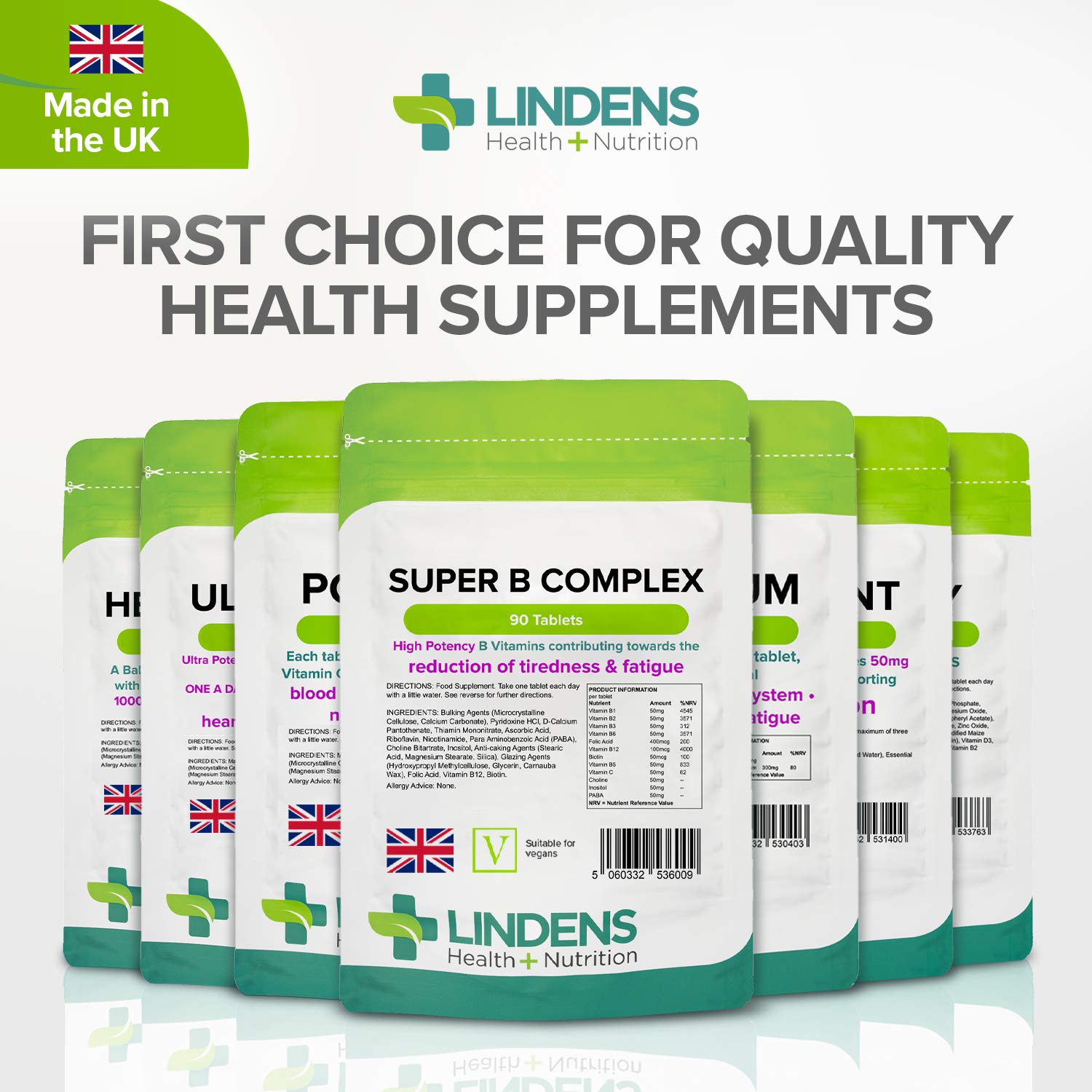 Lindens Super B Complex Vitamin Tablets - 90 Pack - with a Full Spectrum of B Vitamins and Vitamin C - Reduces Tiredness and Fatigue - UK Manufacturer, Letterbox Friendly