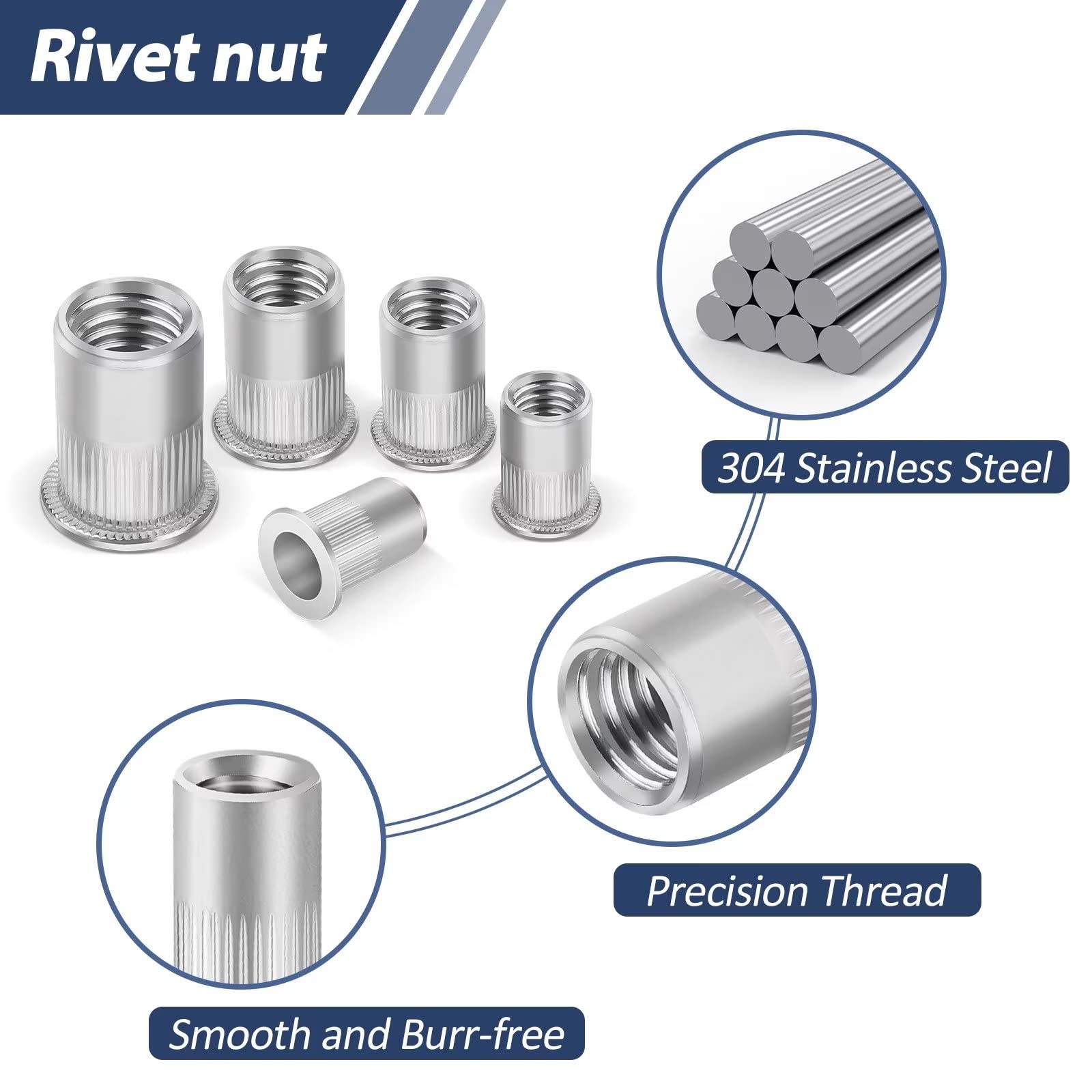 50Pcs Rivet Nuts M6, Leryati Threaded Inserts Stainless Steel Rivnut, Flat Head Threaded Insert Nutserts, Threaded Rivet Nuts Nutsert Rivnuts Kit, Pull Cap Rivet Nut Used for metal pipelines, etc