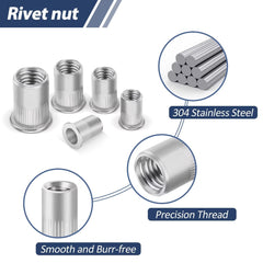 50Pcs Rivet Nuts M6, Leryati Threaded Inserts Stainless Steel Rivnut, Flat Head Threaded Insert Nutserts, Threaded Rivet Nuts Nutsert Rivnuts Kit, Pull Cap Rivet Nut Used for metal pipelines, etc