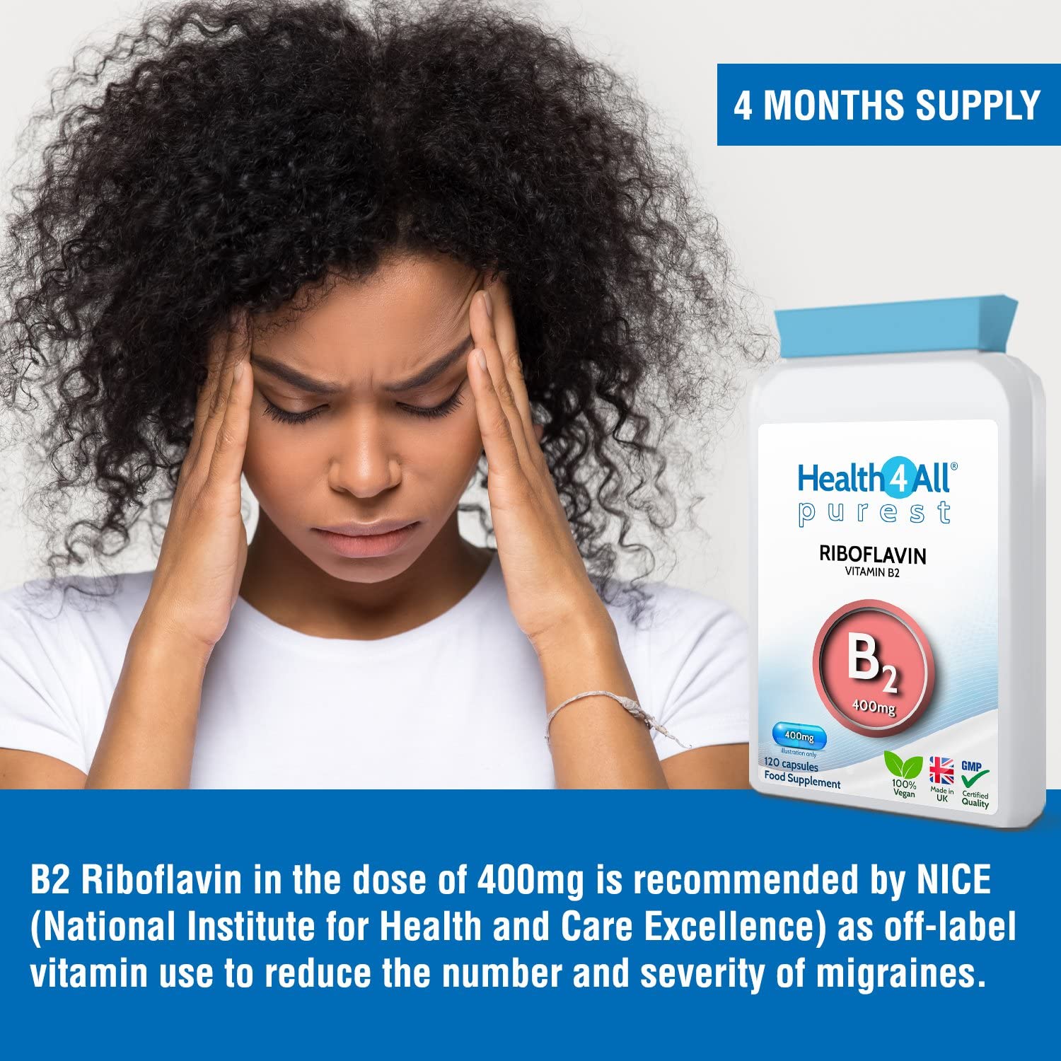 Health4All Vitamin B2 Riboflavin 400mg Migraine Support 120 Capsules (4 Months Supply) Vegan, no additives, High Strength Riboflavin Supplement