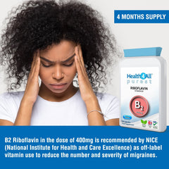 Health4All Vitamin B2 Riboflavin 400mg Migraine Support 120 Capsules (4 Months Supply) Vegan, no additives, High Strength Riboflavin Supplement