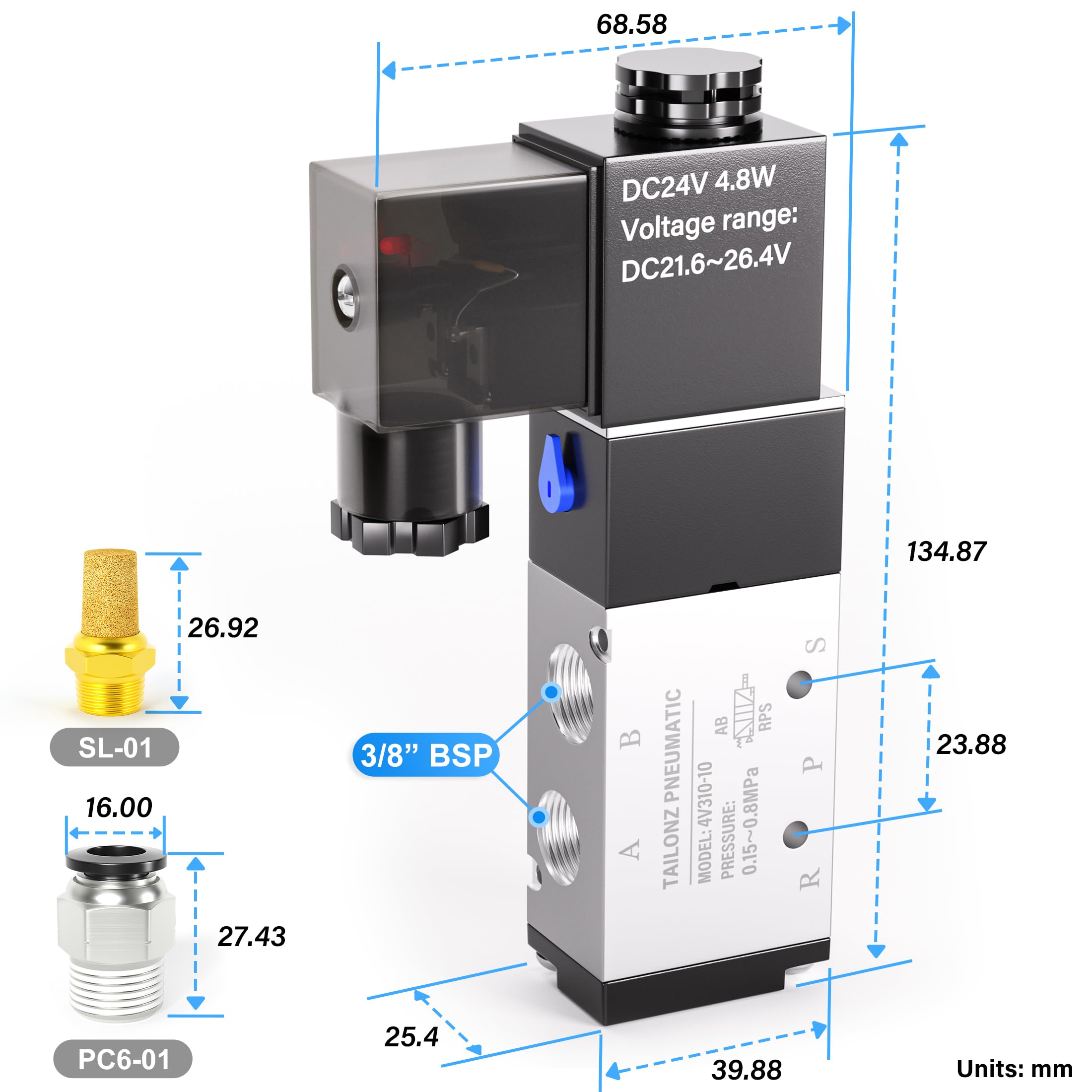 TAILONZ PNEUMATIC 3/8 Inch BSP Solenoid Valve 24V Single Coil Pilot-Controlled Electric 2 Position 5 Way Connection Type 4V310-10