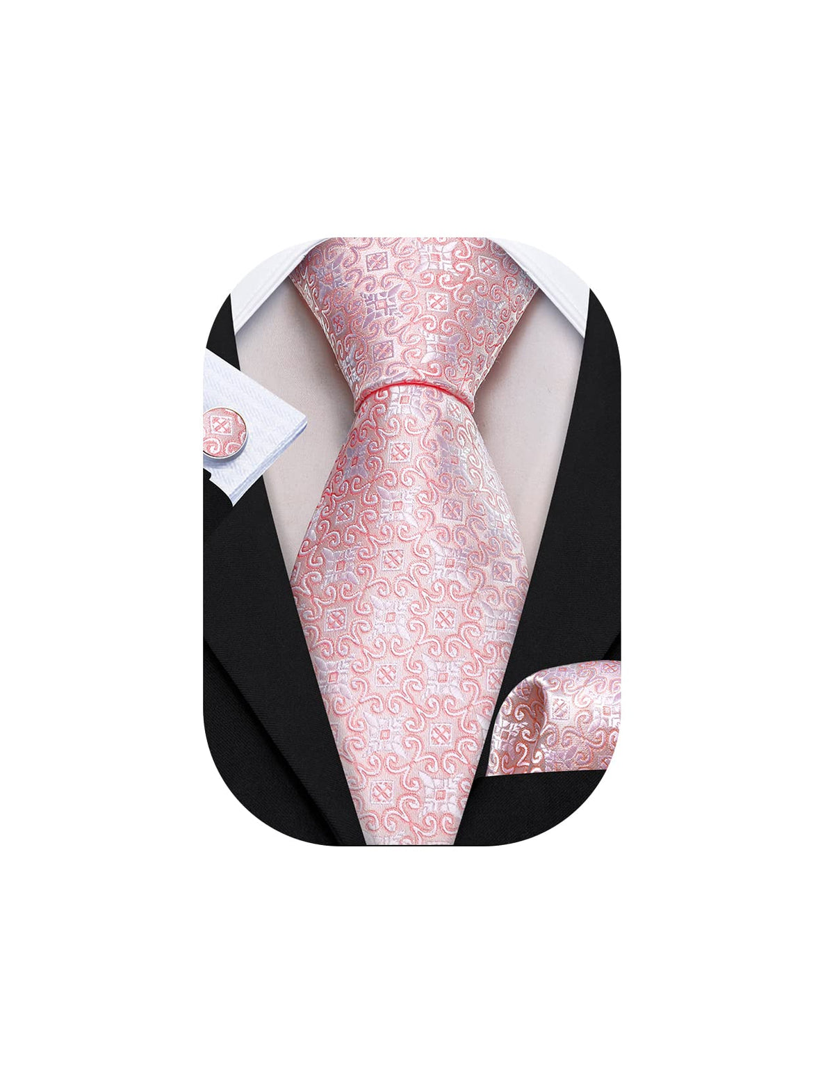 Barry.Wang Solid Pink Tie Set Men Ties Floral Necktie Handkerchief Cufflinks Wedding Party Business