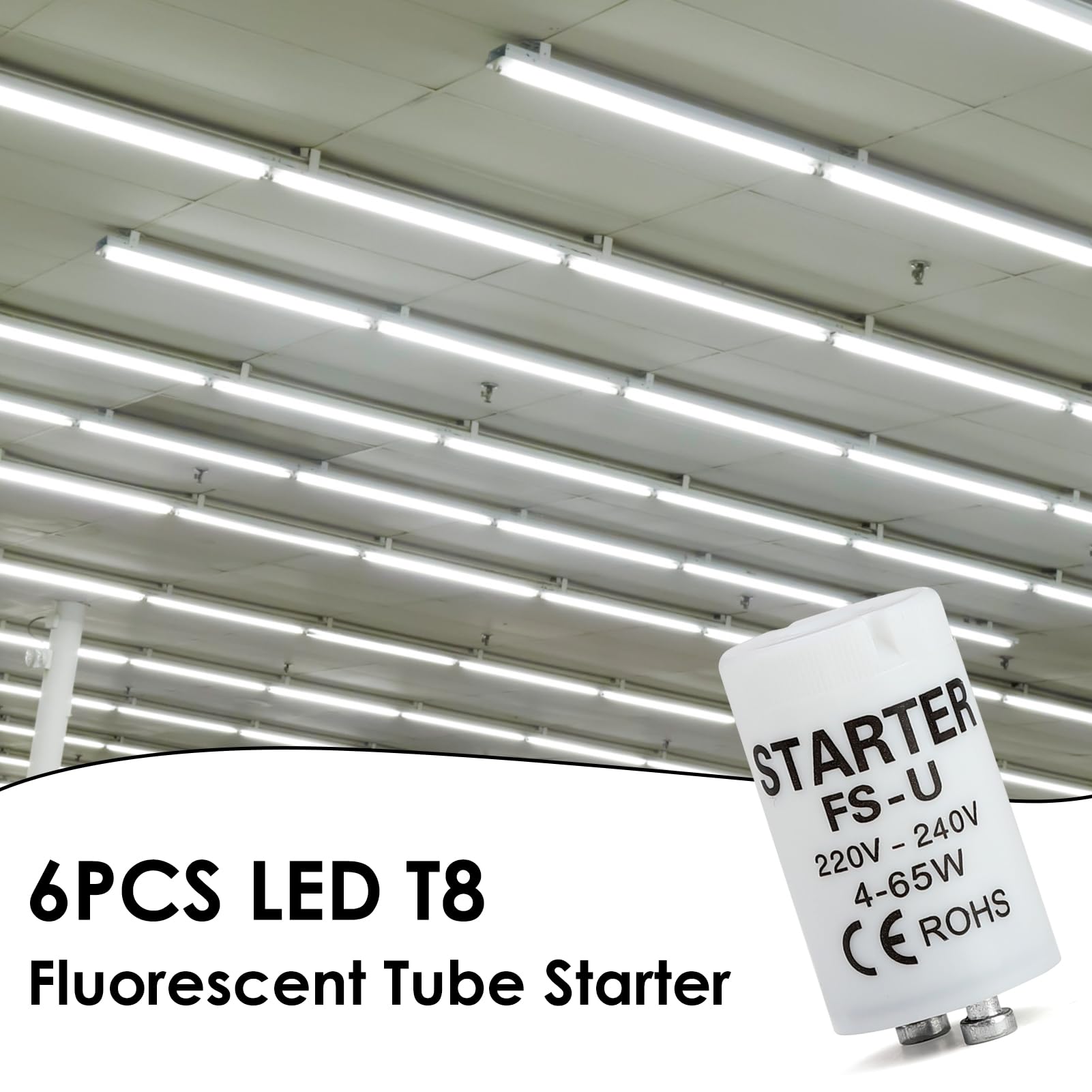 6 Pcs FSU 4-65 Watt Fluorescent Light Starter, Fluorescent Tube Strip Light Starter Unit with Condenser, Energy Efficient 220-240V Starter for Strip Lamps, Ultraviolet Aquarium Lighting Lamp Tubes