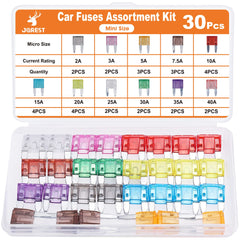 JOREST 30Pcs Mini Car Fuse Kit - Mini Blade Fuses Automotive - Replacement Fuses Assortment Kit for Car/RV/Truck/Motorcycle(2Amp 3A 5A 7.5A 10A 15A 20A 25A 30A 35A 40A)