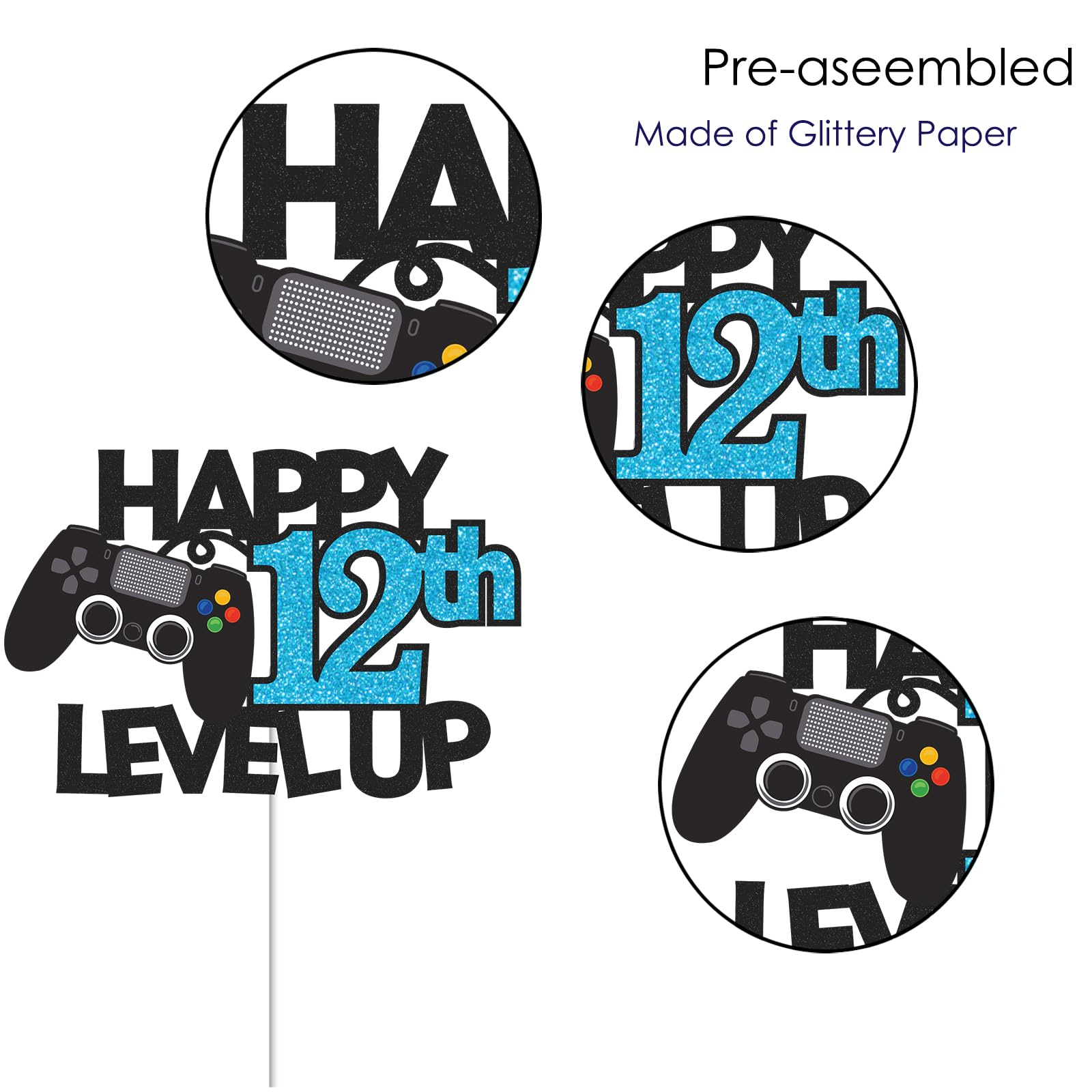 Gidobo 12th Birthday Cake Toppers, Black Glittery Cake Decorations with Controllers Themed, Twelve Years Old Level Up Video Game Birthday Party Supplies for Boys