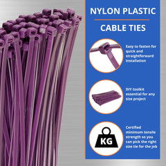 Gocableties Purple Cable Ties, 300mm x 3.6mm, Pack of 100, 12” Premium Nylon Zip Ties, Multi-Purpose Plastic Tie Wraps, Secure Self-Locking Mechanism, for Home, Garden, Office and DIY