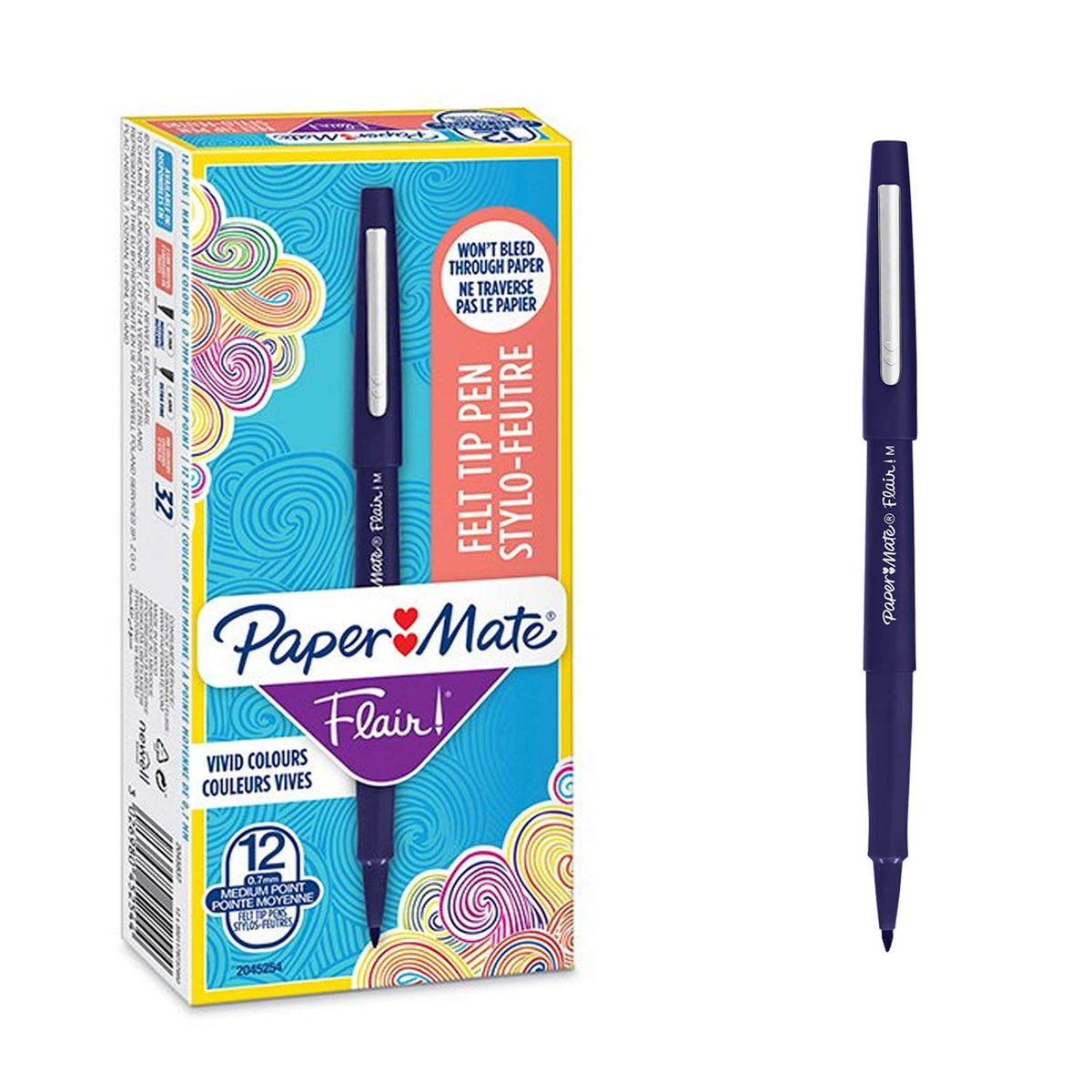 Paper Mate Flair Felt Tip Pens   Medium Point (0.7mm)   Navy Blue   12 Count