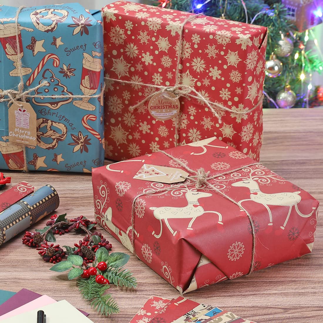 Christmas Wrapping Paper, 12 Pack Recyclable Kraft Paper 70x50CM in Folded Sheets with 10 Unique Designs (Bonus 16 Feet Jute String and 10 Tags)