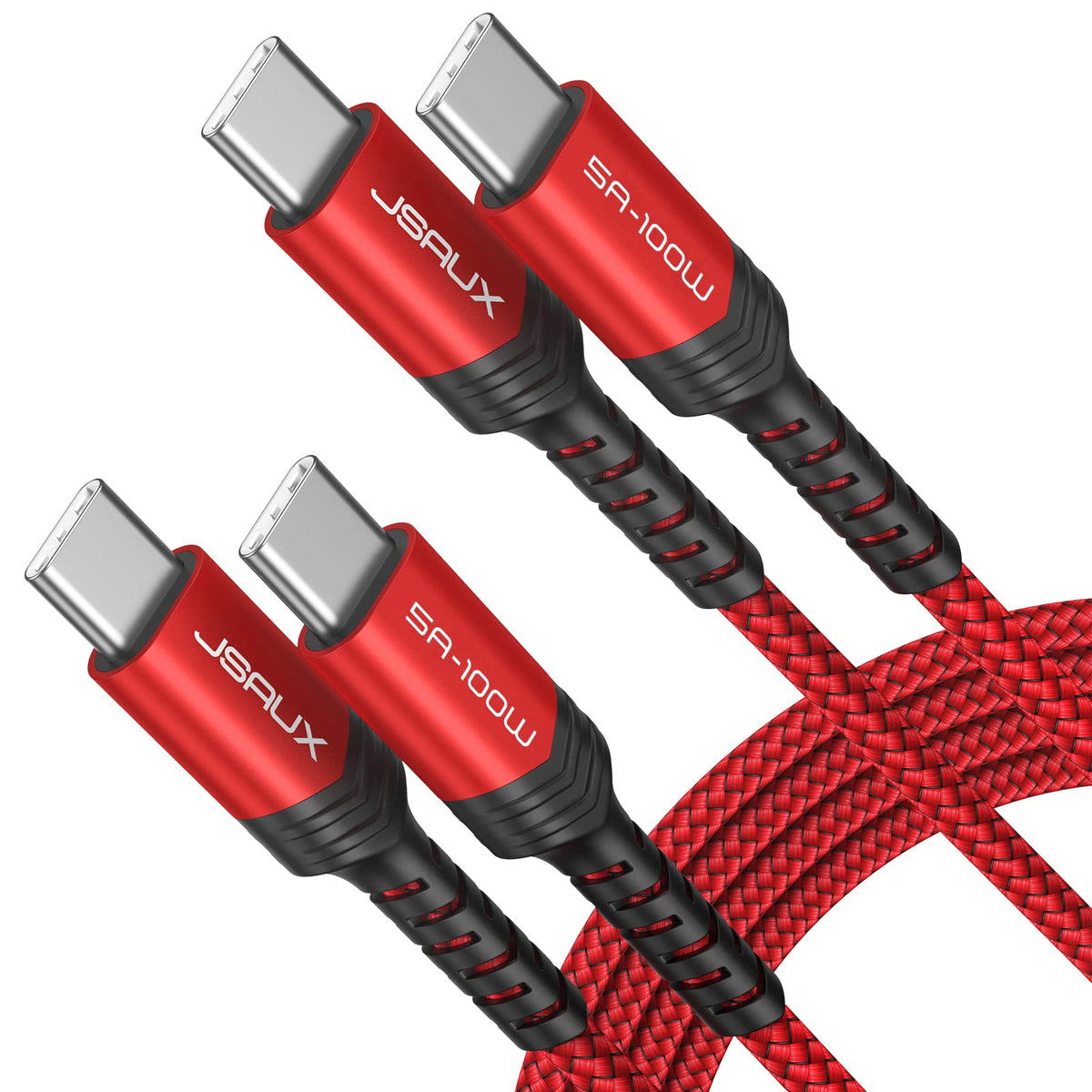 JSAUX USB C to USB C Charger Cable [2-Pack 3M], 100W/5A Type-C Fast Charging Data Lead Compatible for iPhone 15 Pro Max Samsung Galaxy S24 S23 Ultra A54 Pixel iPad Pro MacBook Air PS5 Steam Deck Red