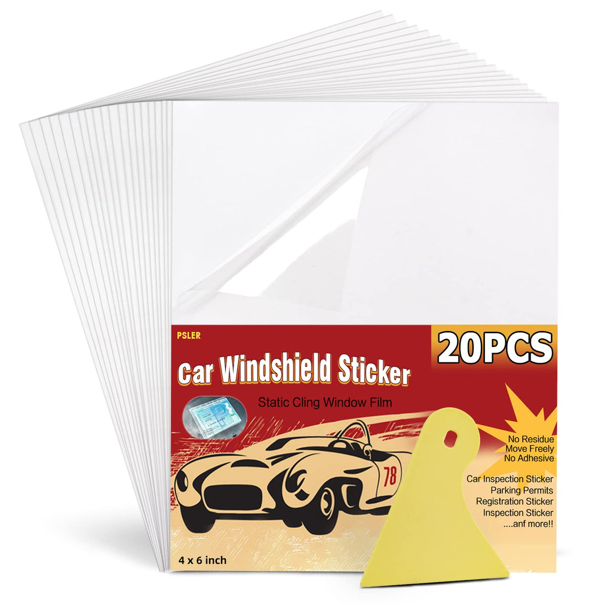 PSLER Car Windshield Sticker, Windshield Applicator, Clear Window Cling Car Inspection Sticker Holder Static Cling Window Film for Cars 20PCS 4 x 6 inch Static Cling Vinyl for Pass Holder