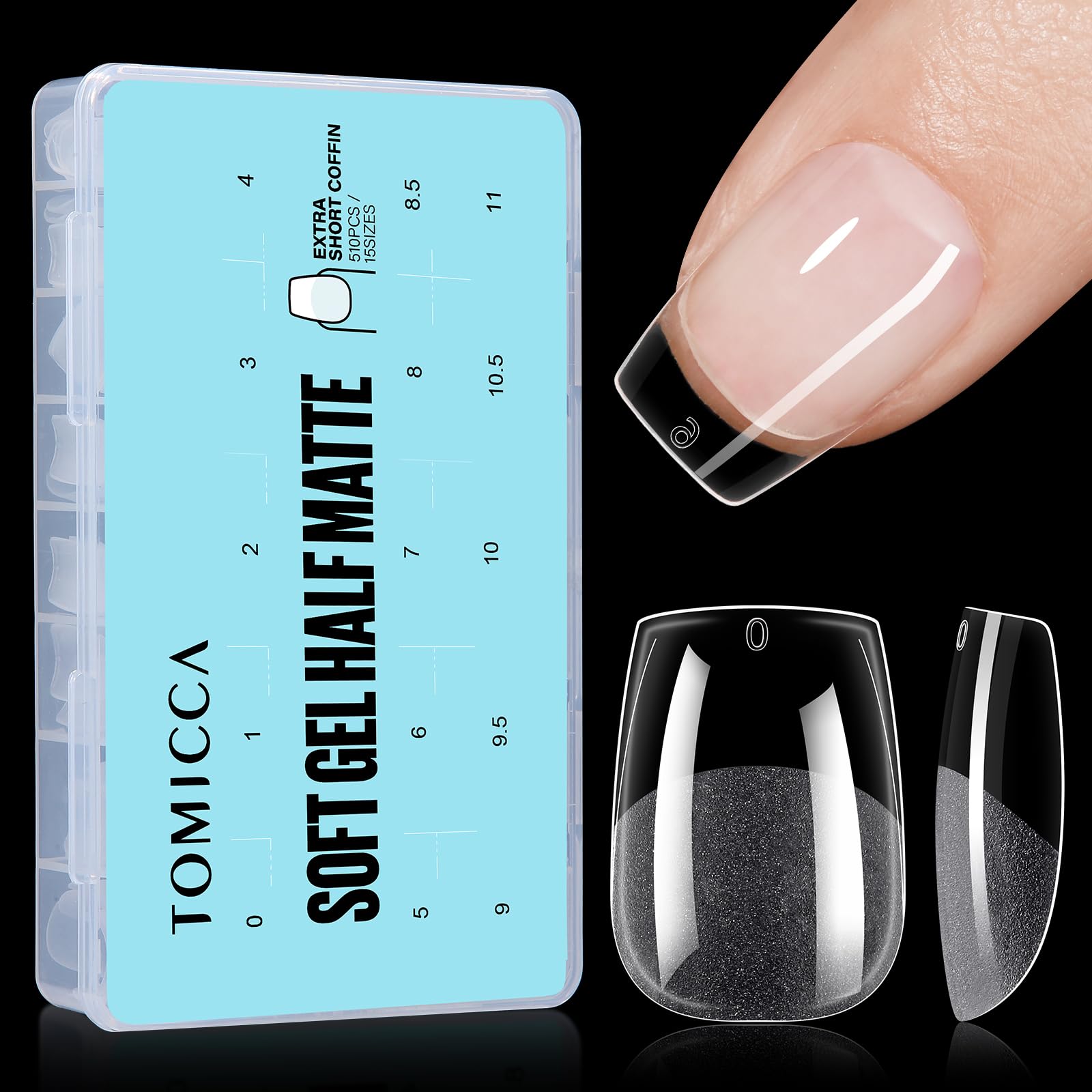 TOMICCA Coffin Shaped Short Nail Tips - 510PCS Half Matte Soft Gel, No File Needed- Full Cover False Nails, Clear Acrylic & Strong Tips for Press On Extension - 15 Sizes