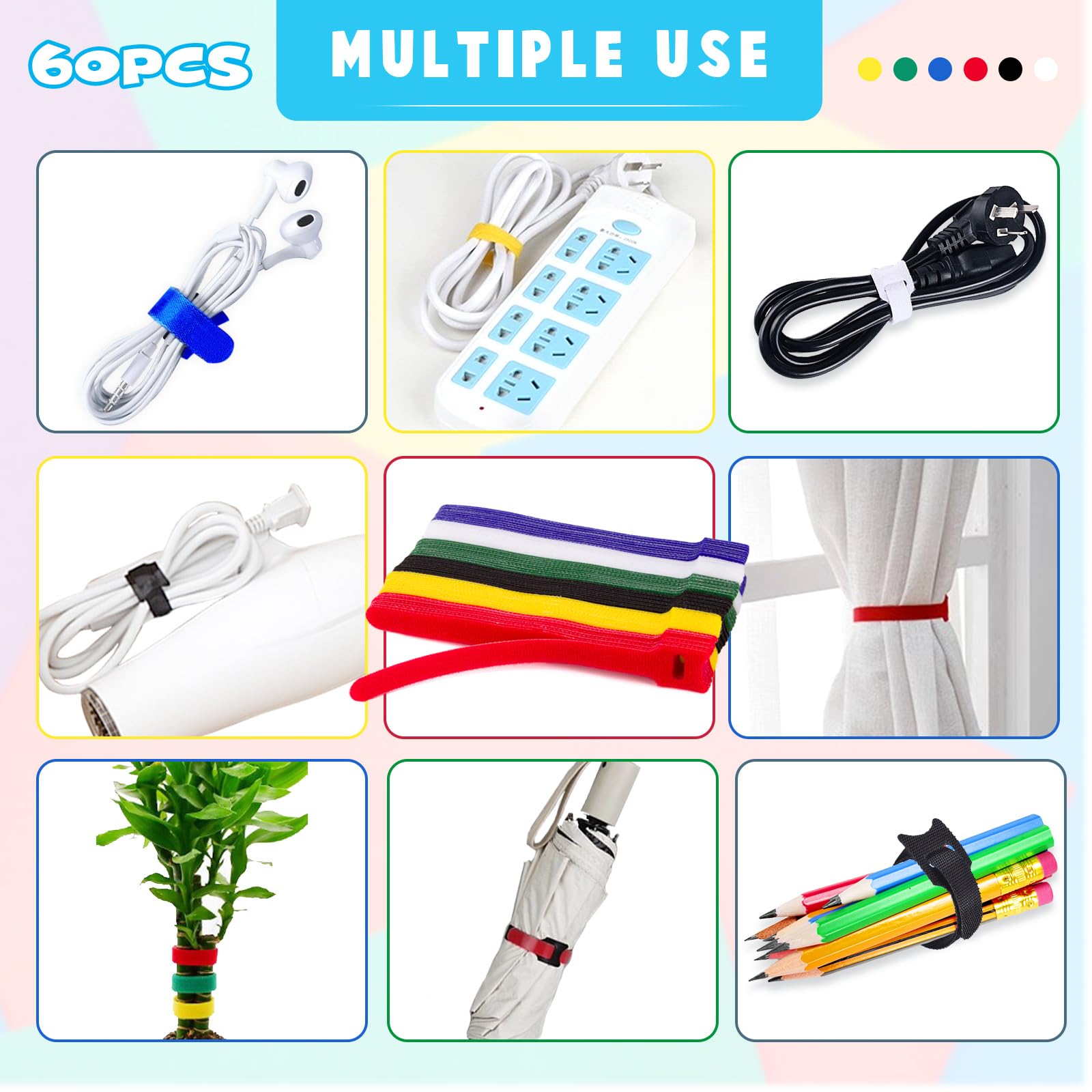 Reusable Straps Cable Ties 60pcs 6 * 1.2 inches Tidy Wire Ties Strap, Multi-Purpose Cable Management Cord Organizer, Adjustable Zip Ties Replacement for Computer, Electronics, Home, Office