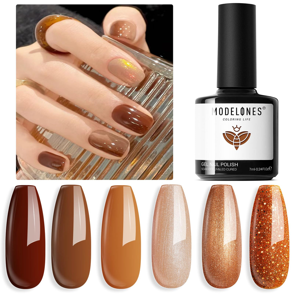 Modelones Champagne Gel Nail Polish Set, 6 Colors Fall Brown Gold Gel Polish Set Orange Yellow Glitter Nail Polish Gel Soak Off LED Gel Nail Kit Holiday Manicure Nail Art Gift for Women Girls DIY Home