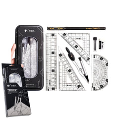 MHwan Maths Set, Metal Durable Outer Box Geometry Sets, Protractor and Compass Set with Ruler Protractor Eraser, for School Students Maths and Home Education (Black)