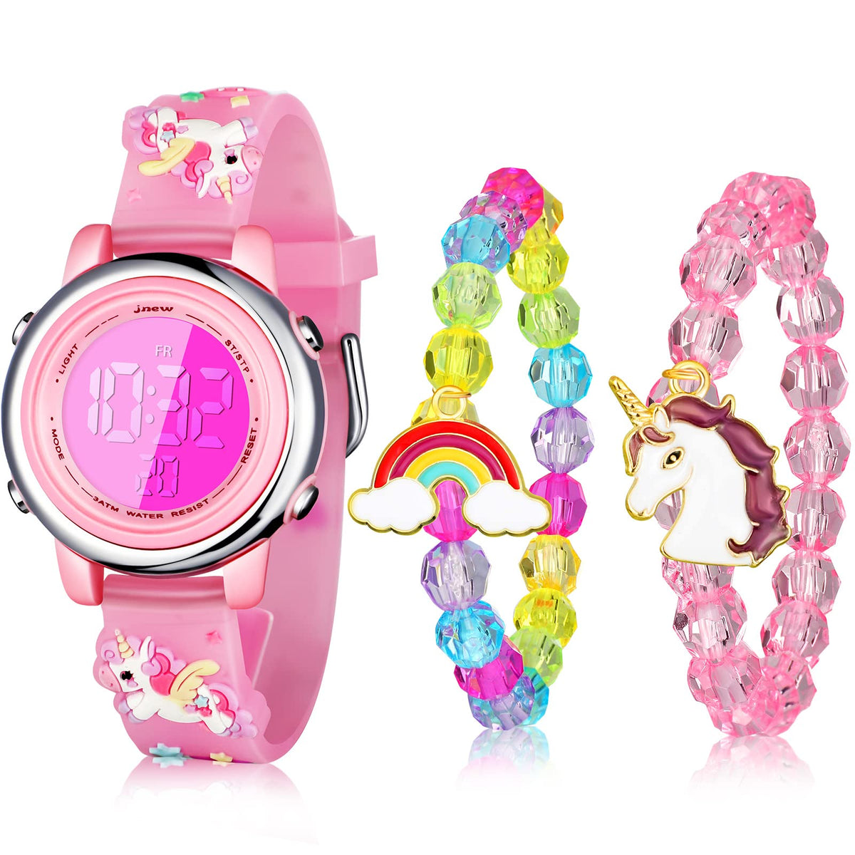 3 Pieces Kids Unicorn Watch and Unicorn Bracelet Waterproof Toddler Digital Watch Light Watch with Alarm Stopwatch Unicorn Easter Children's Day Gift for 3-10 Year Girls(Lovely Style)