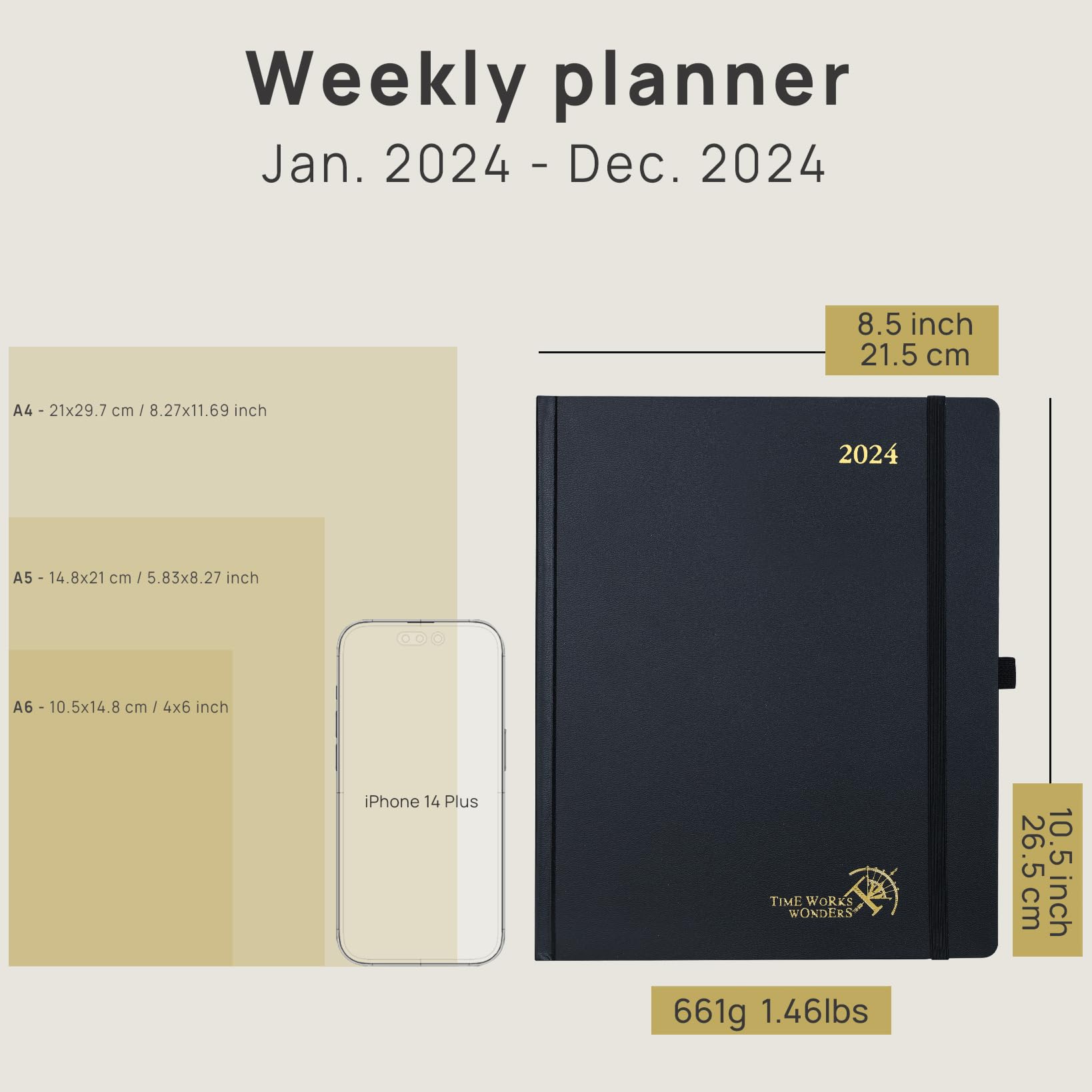 POPRUN Week to View Diary 2024 26.5 x 21.5 cm Hardback Large 24 Weekly Planner Vertical with Dotted Note Pages, Foldable Inner Pocket, 100 GSM FSC® Paper - Violet