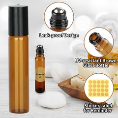 Essential Oils Roller Bottles, 20pcs Roll on Bottles with Stainless Steel Ball, 10ml Glass Roller Bottles with Bottle Opener, Dropper, Pipette, Label for Essential Oil, Fragrance, Aromatherapy (Brown)