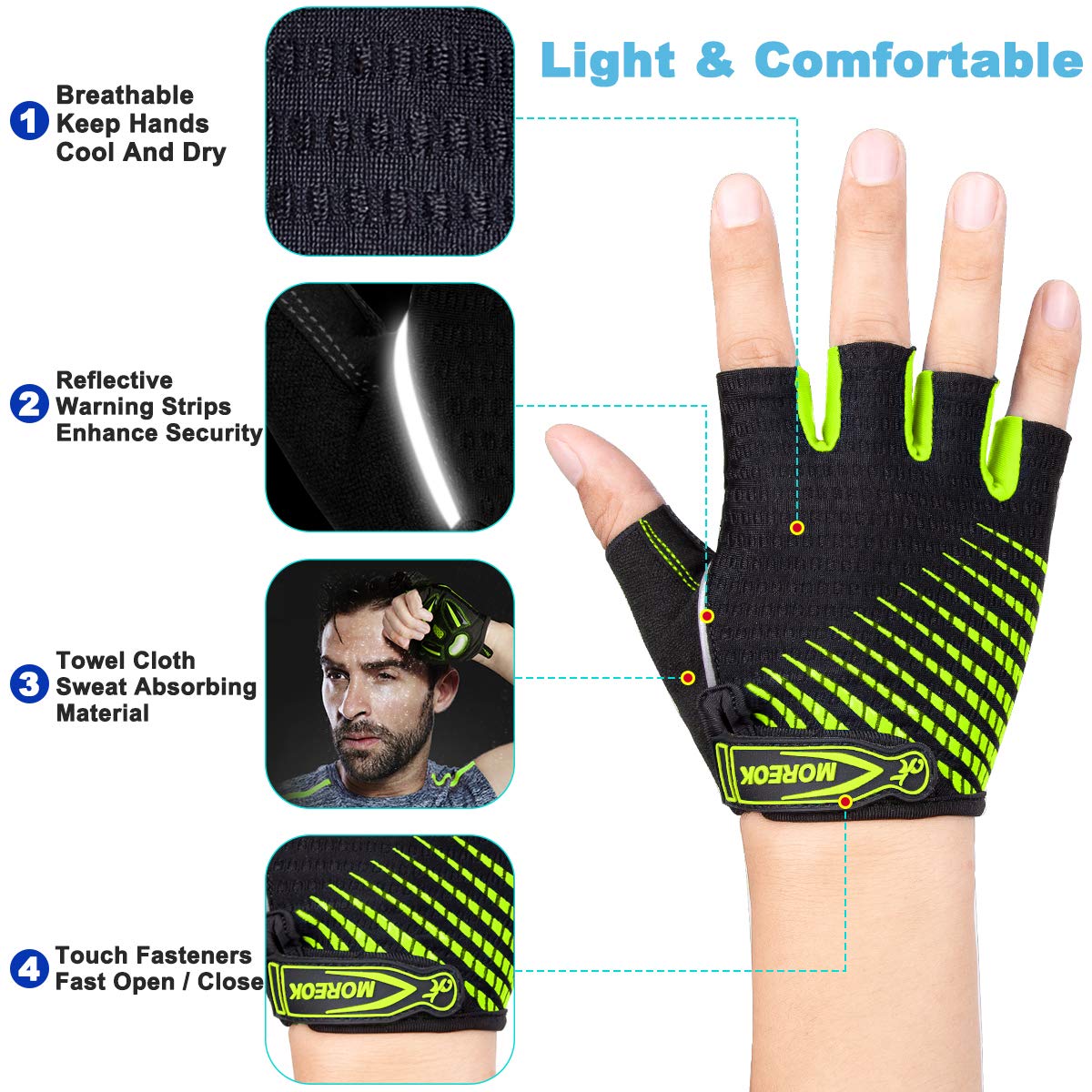 LUROON Cycling Gloves Half Finger Gel Padded Bike Gloves Anti-Slip Shock-absorbing Hand Protect Fingerless Summer Bicycle Short Gloves for Mens & Women (XL, Green)