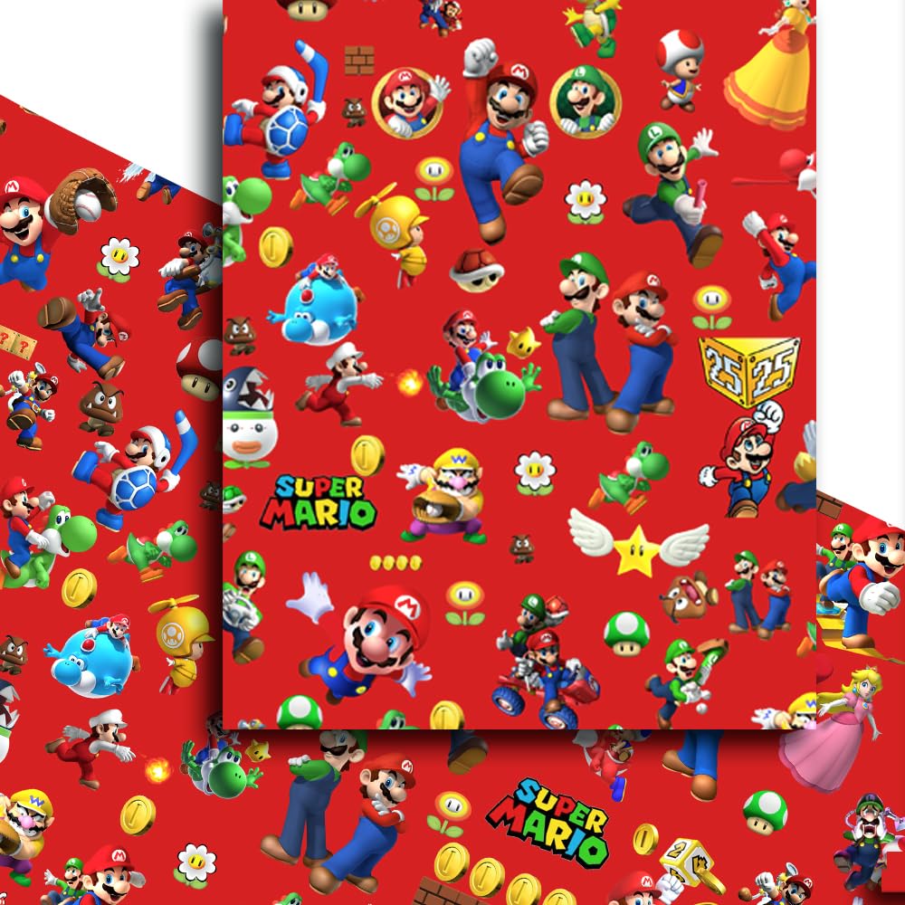 YOOYEH Super Mario Wrapping Papers, 5 PCS 70x50cm Birthday Gift Wrapping Paper Christmas Wrap for Kids