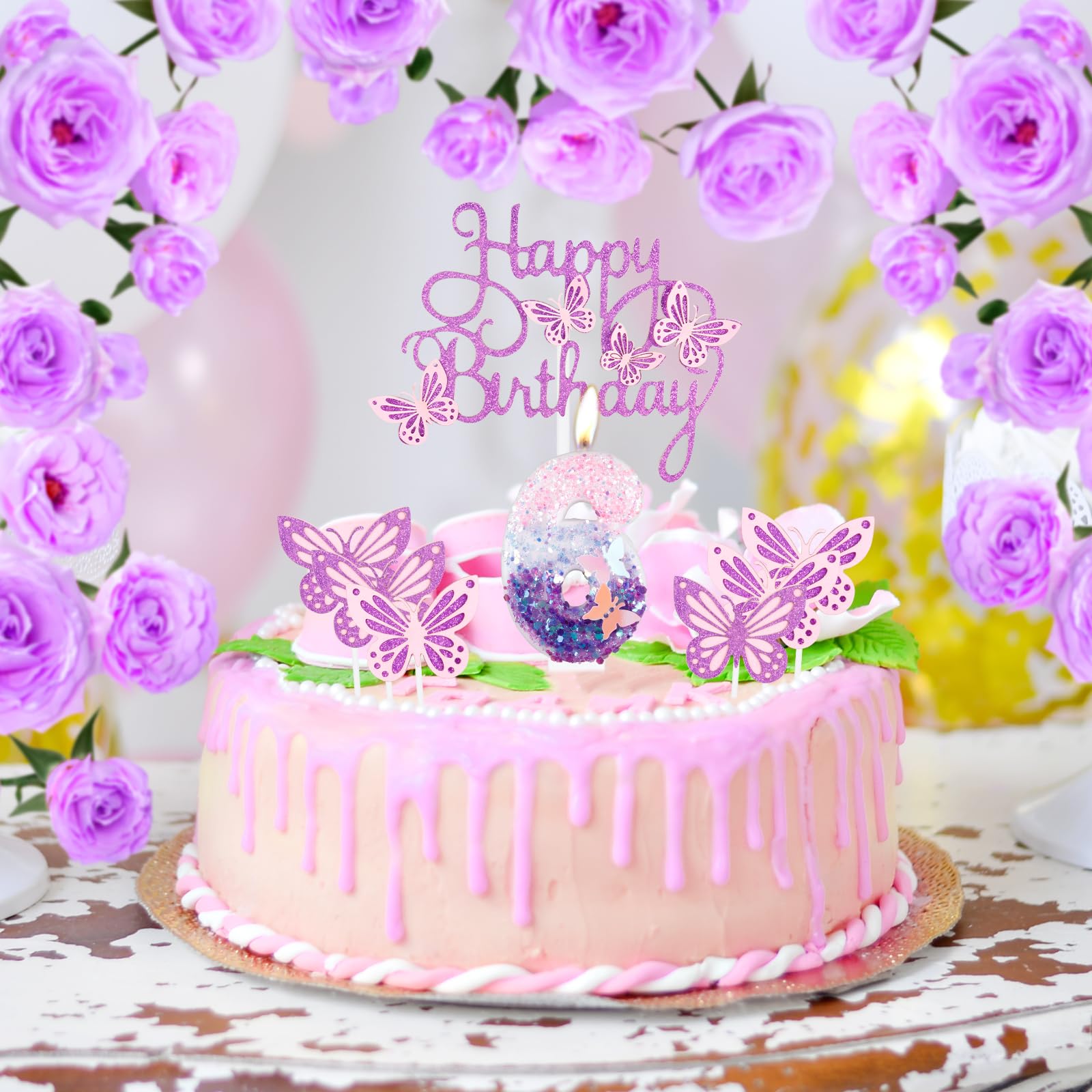 Happy 5th Butterfly Birthday Candles, Pink Purple Number 5 Candle with Butterfly Cake Cupcake Topper for Girls, 5th Birthday Cake Decorations, Cute 5th Birthday Cake Topper for Butterfly Theme Party