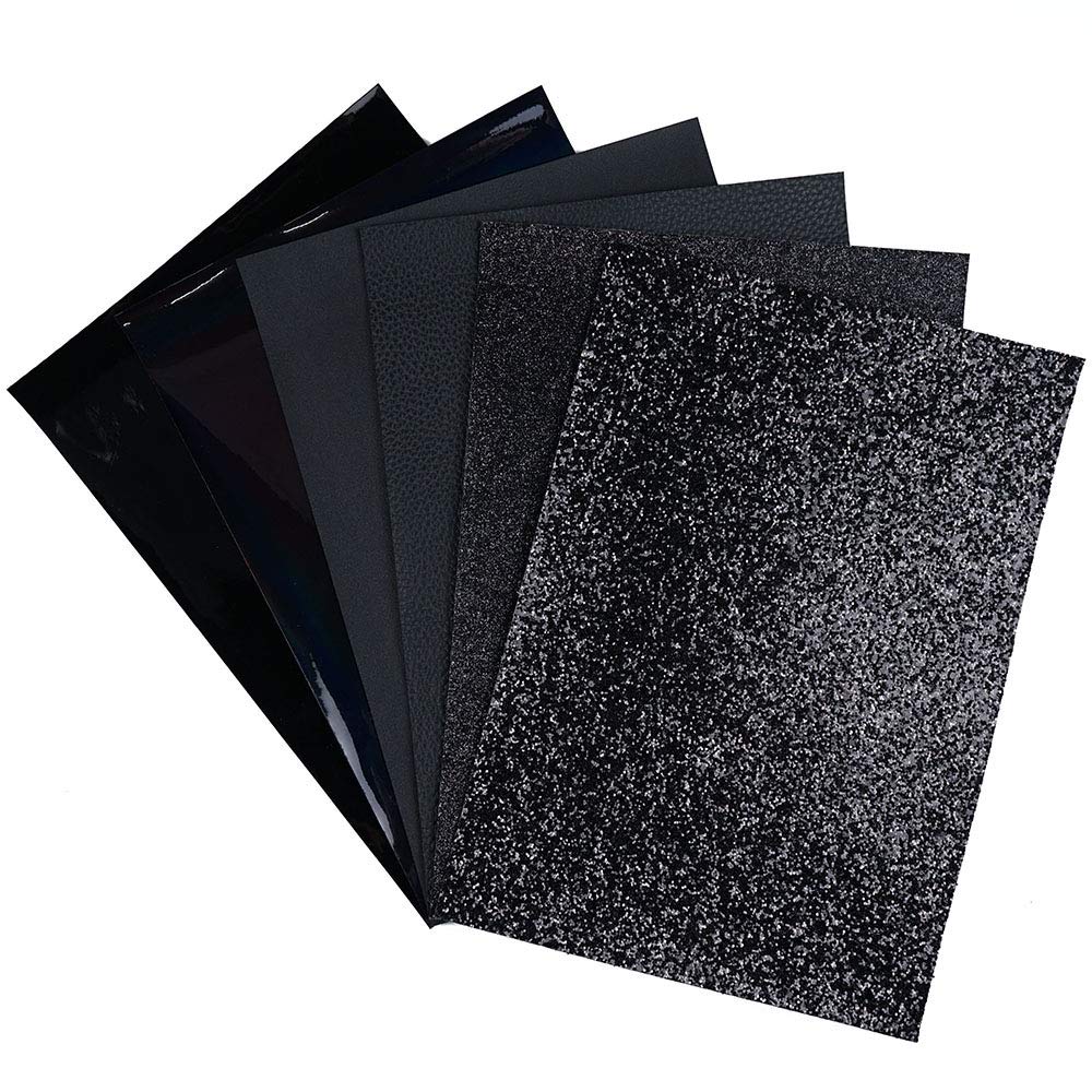 6 Pieces/Set 8x12 Inch (21cm x 30cm) A4 Bundle Leather Sheets Mixed Black Series Holographic Sparkle Fine Chunky Glitter Litchi Faux Leather Fabric for Bow Earring Making DIY Craft