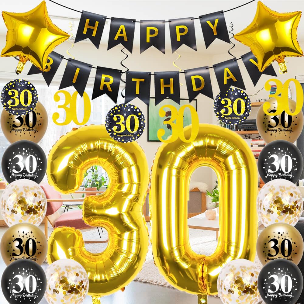 Pargleev 30th Birthday Decorations for Men Women,16in Number 30 Birthday Foil Balloons with Swirl Decorations Happy Birthday Banner and Star Foil Balloons 12PCS Confetii and Latex Balloons Black Gold