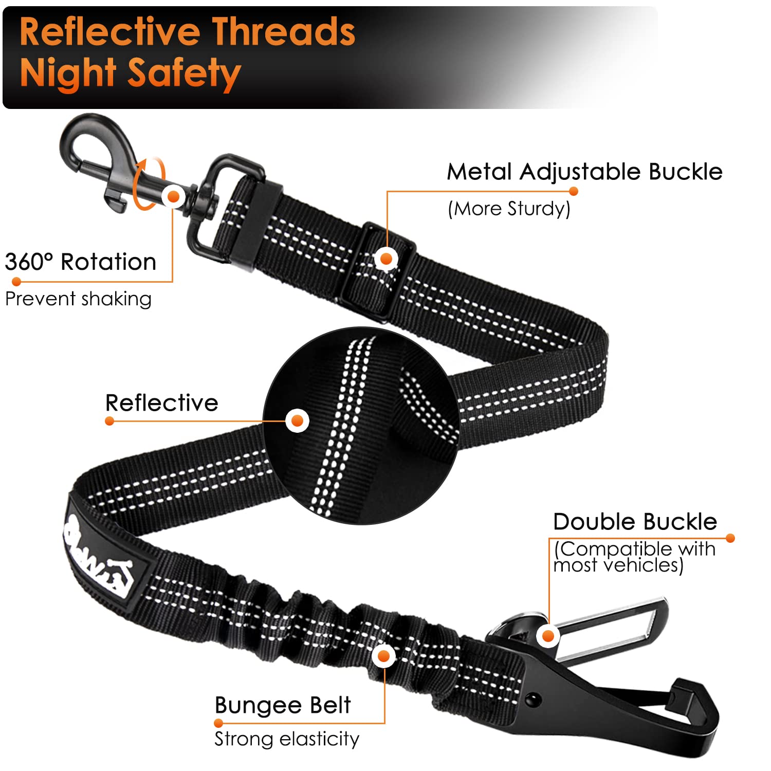 Eyein Dog Seat Belt, 2 in 1 Attachment Dog Car Harnesses Belt, Hook Latch Bar & Seatbelt Buckle with Anti Shock Elastic Nylon Bungee Buffer, Pet Safety Belts for Vehicle(Black,90cm)