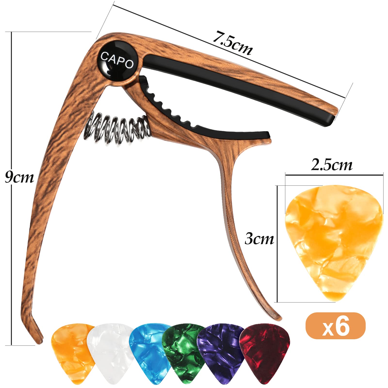 Guitar Capo with 6 Guitar Picks, Capo for Acoustic Guitar Ukulele, Capo Electric Guitar, Capo Guitar Metal Wood