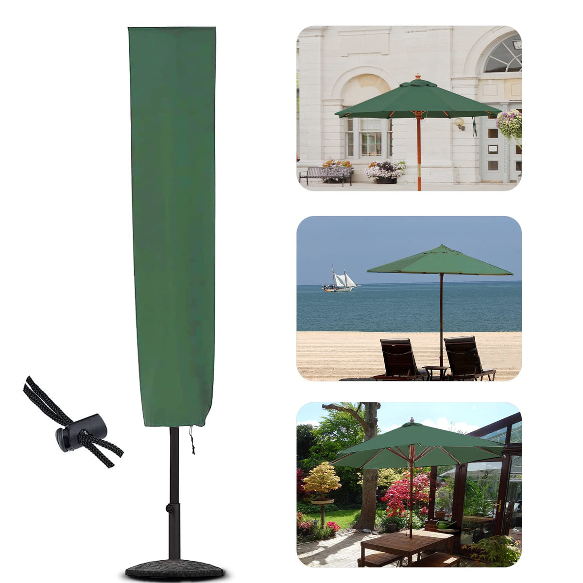 RICHIE Garden Parasol Cover Patio Umbrella Covers for Parasol Fits 2 to 3m Diameter Parasols 153x30x30cm Waterproof Tear Resistant 600D Oxford PVC Coating with Drawstring Cord at Bottom, Green, NO ZIP