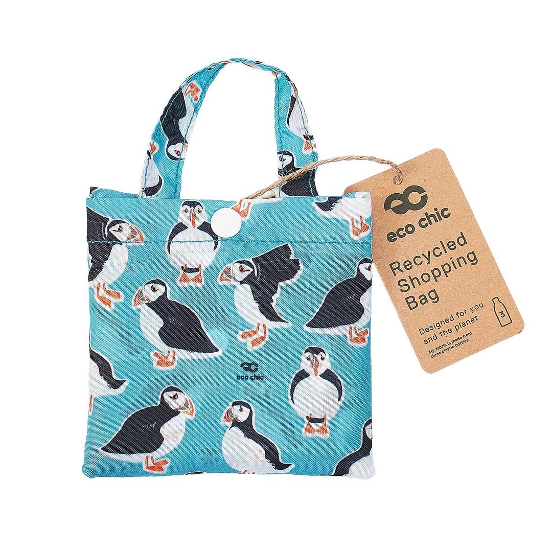 ECO CHIC Lightweight Foldable Reusable Shopping Bag Water Resistant Tote Bag (Puffins Teal)