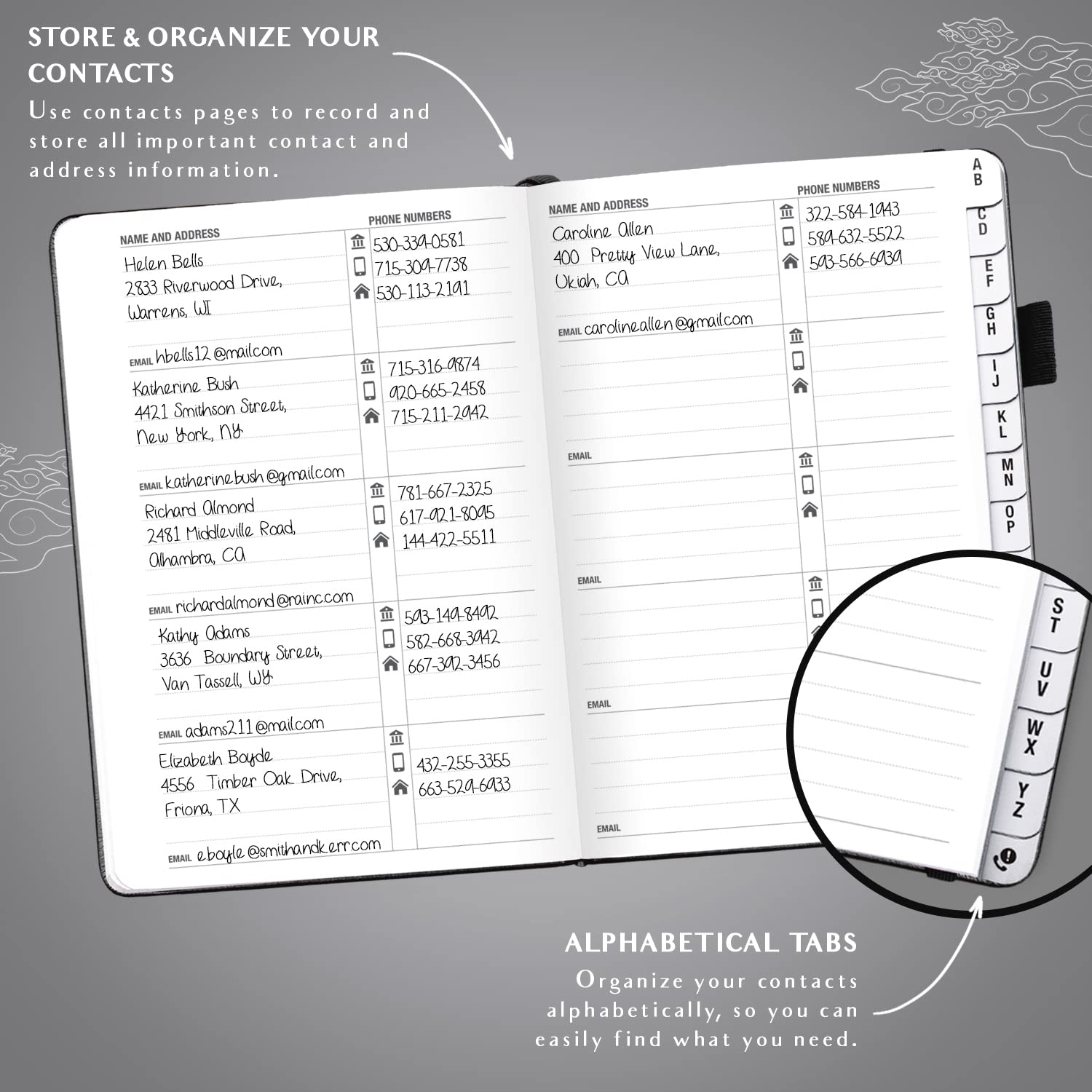 Legend Planner Address Book with Alphabetical Tabs –Telephone Contacts Book for Phone Numbers, Addresses, Passwords, Medium (Black)