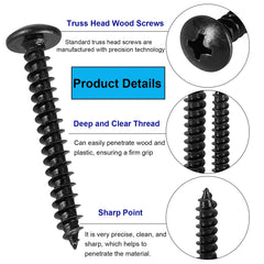 FandWay Phillips Round Head Self Tapping Screws, M3 x 8/10/12/16/20mm, Black Carbon Steel Mushroom Head Wood Screws, Truss Head Self Drilling Screws Assortment Set (25-Pieces/each)