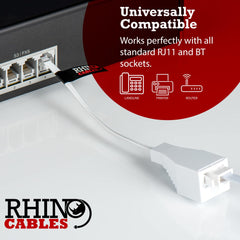 rhinocables RJ11 to BT Adapter Plug, Single UK Telephone Jack to RJ11 Socket with Tail Lead Converter or Extender for Phones, White