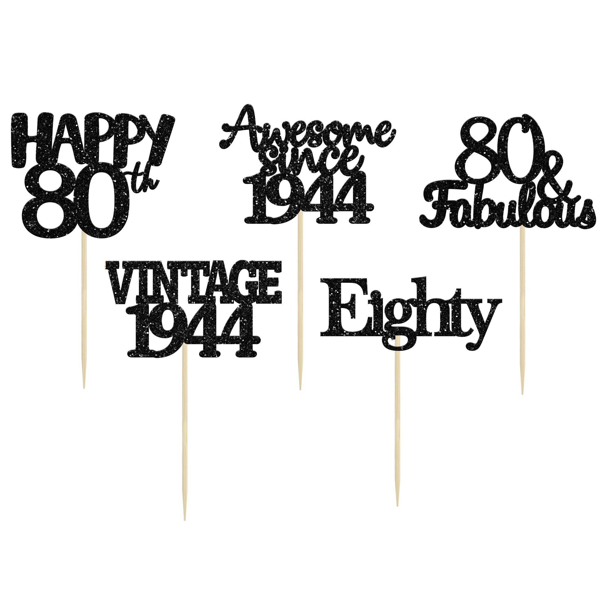 Gyufise 30 Pack Vintage 1944 Cupcake Toppers Glitter Cheers to 80 Fabulous Eighty Cupcake Picks 80th Birthday Wedding Anniversary Party Cake Decorations Supplies Black