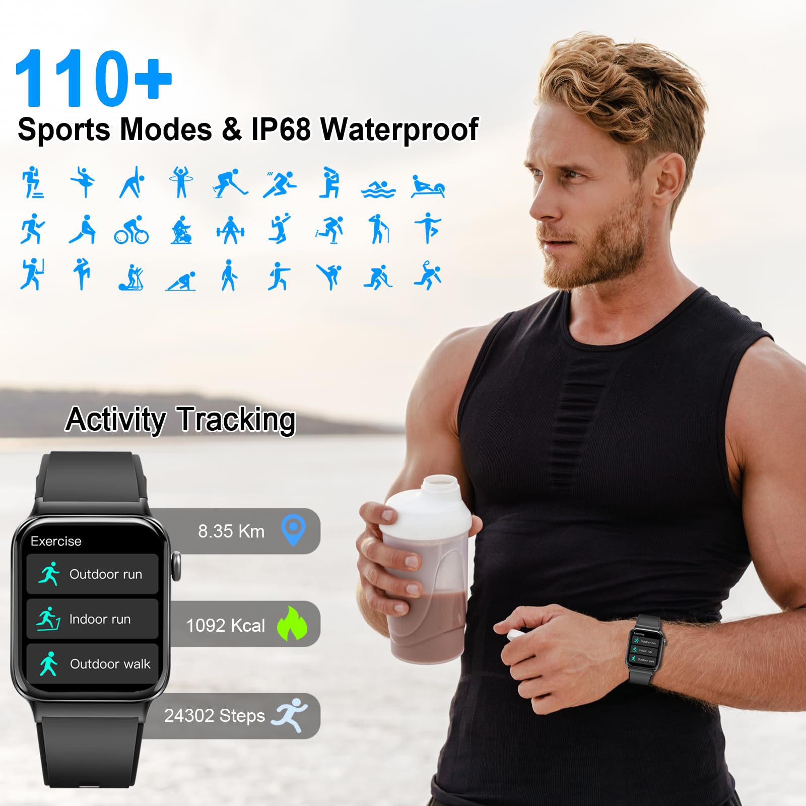 Smart Watch for Men Women Answer/Make Calls, 1.85 inches Touch Screen Smart Watches with Step Counter, Heart Rate Sleep Monitor, 110and Sport Modes, Fitness Tracker, IP68 Waterproof Smartwatch for Android iOS