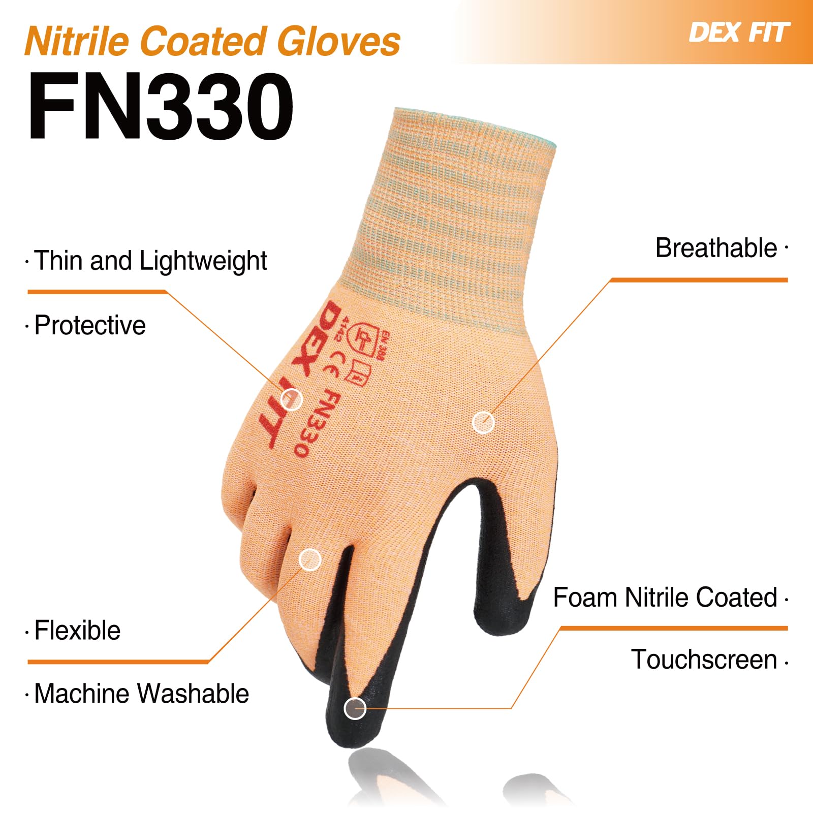 DEX FIT Nitrile Work Gloves FN330, 3D-Comfort Stretchy Fit, Firm Grip, Thin & Lightweight, Touch-Screen Compatible, Durable, Breathable & Cool, Machine Washable; Orange 8 (M) 1 Pair