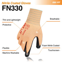 DEX FIT Nitrile Work Gloves FN330, 3D-Comfort Stretchy Fit, Firm Grip, Thin & Lightweight, Touch-Screen Compatible, Durable, Breathable & Cool, Machine Washable; Orange 8 (M) 1 Pair