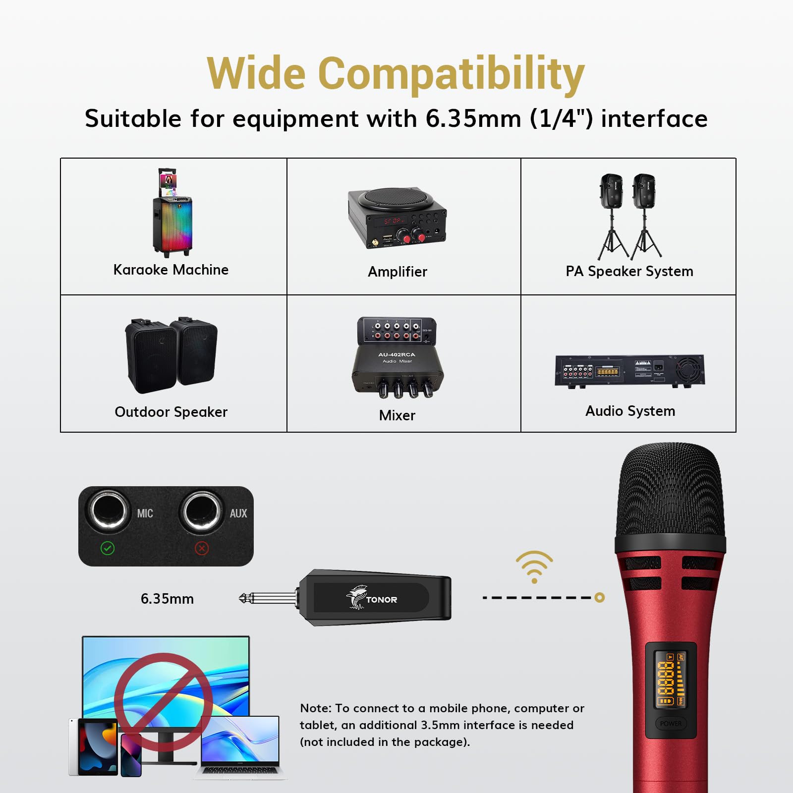 TONOR Wireless Microphone, UHF Cordless Handheld Dynamic Karaoke Singing Microfono Mic set with Rechargeable Receiver for Karaoke Machine, Wedding, DJ, Party, Speech, Church, Class Use TW320 Black&Red