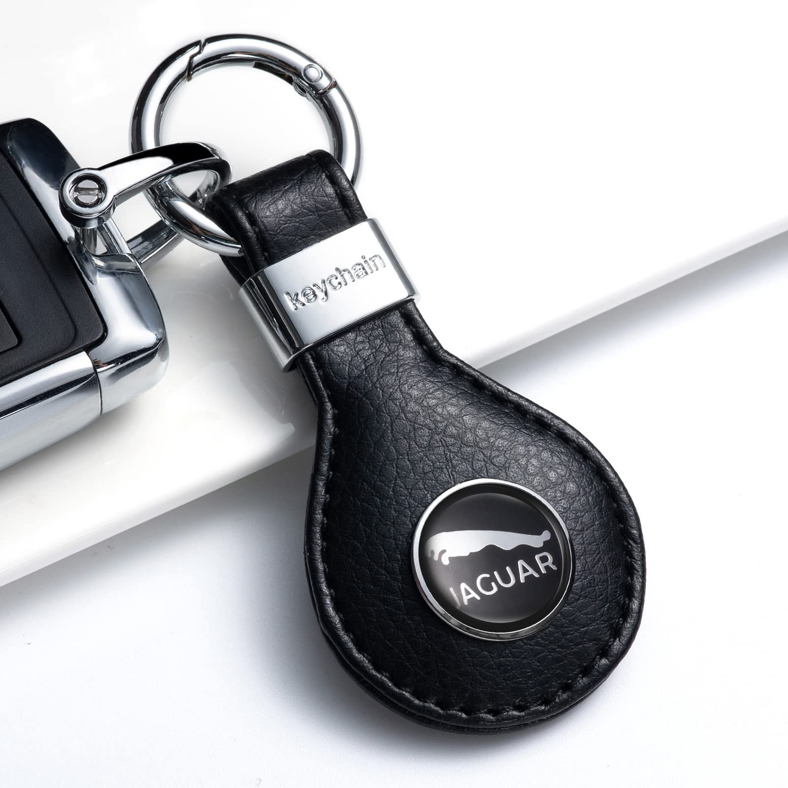 for Jaguar Keyring, 2PCS Leather keychain fit for Jaguar XE XEL XF XFL XJ XK F-PACE I-PACE E-PACE F-Type X-Type S-Type, Unisex Key Chain for Car, Black