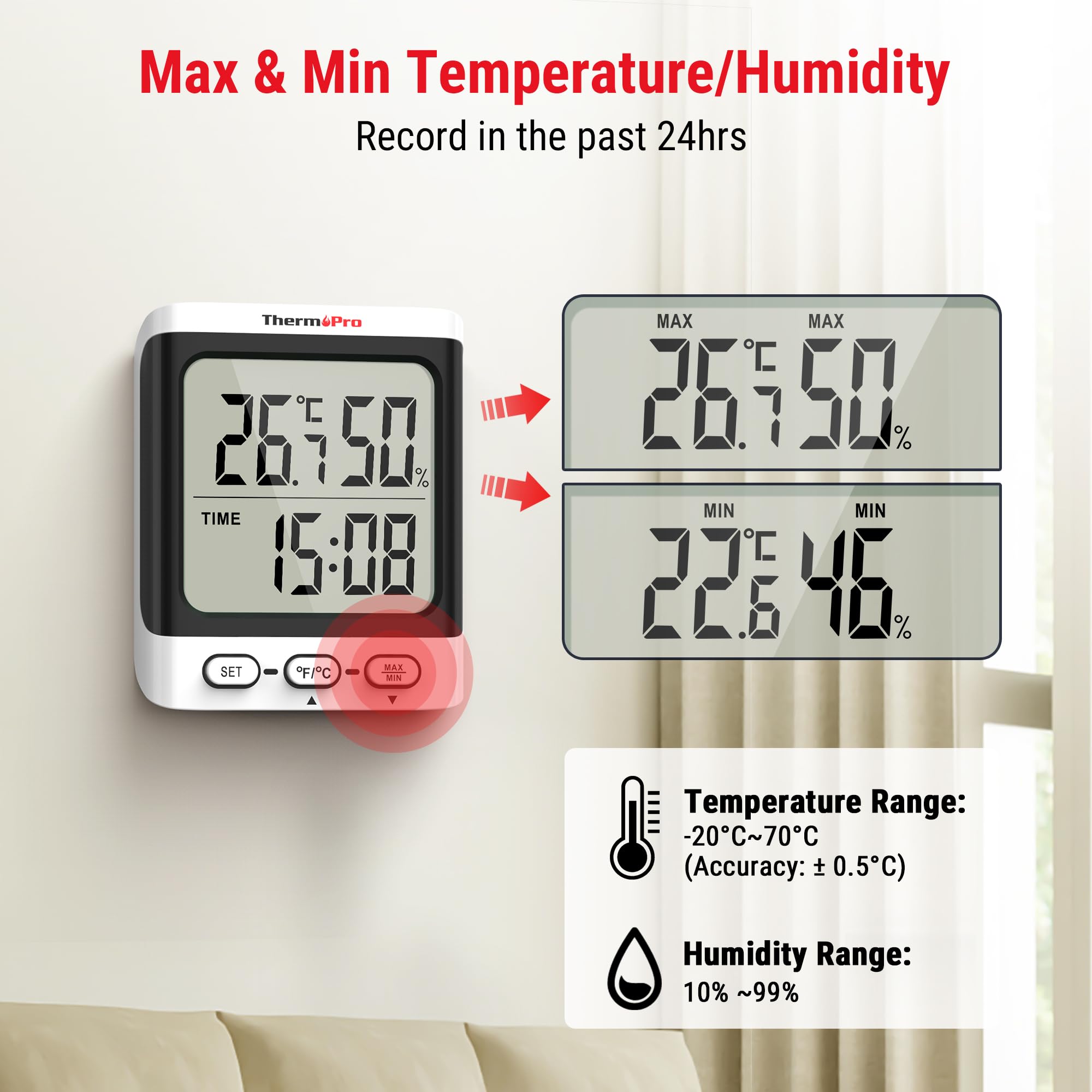 ThermoPro TP152 Hygrometer Indoor Thermometer, Desktop Digital Baby Room Thermometer with Temperature and Humidity Monitor, Accurate Humidity Gauge Room Thermometer with Clock