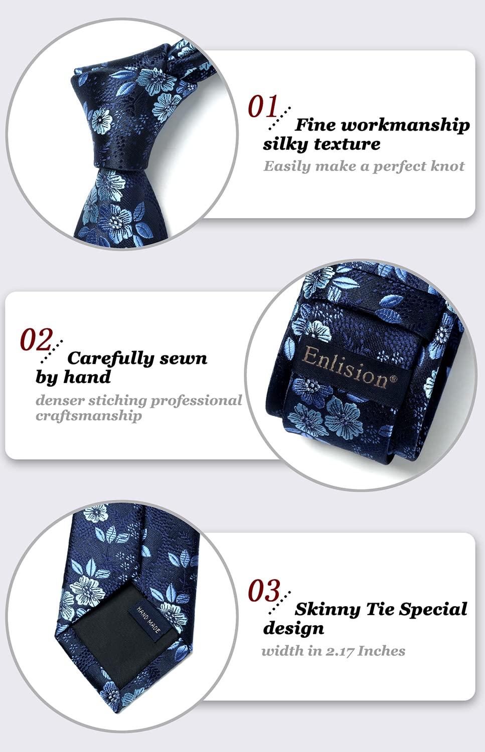 Enlision Mens Tie Slim Ties for Men Classic Blue Floral Silk Neckties for Formal Wedding Business Party 6cm