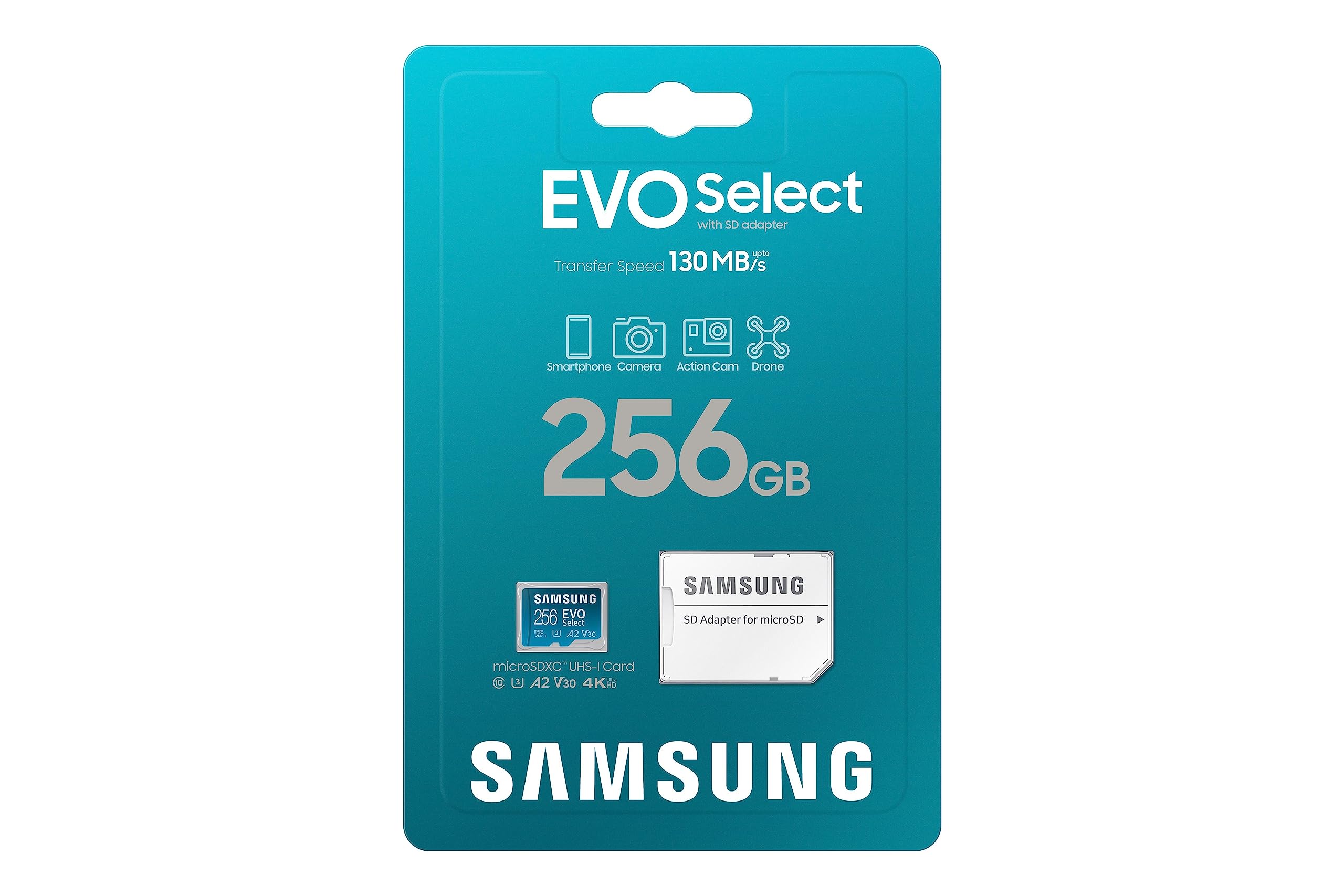 Samsung EVO Select 256GB microSDXC UHS-I U3 130MB/s Full HD and 4K UHD Memory Card inc. SD-Adapter (MB-ME256KA/EU), Blue